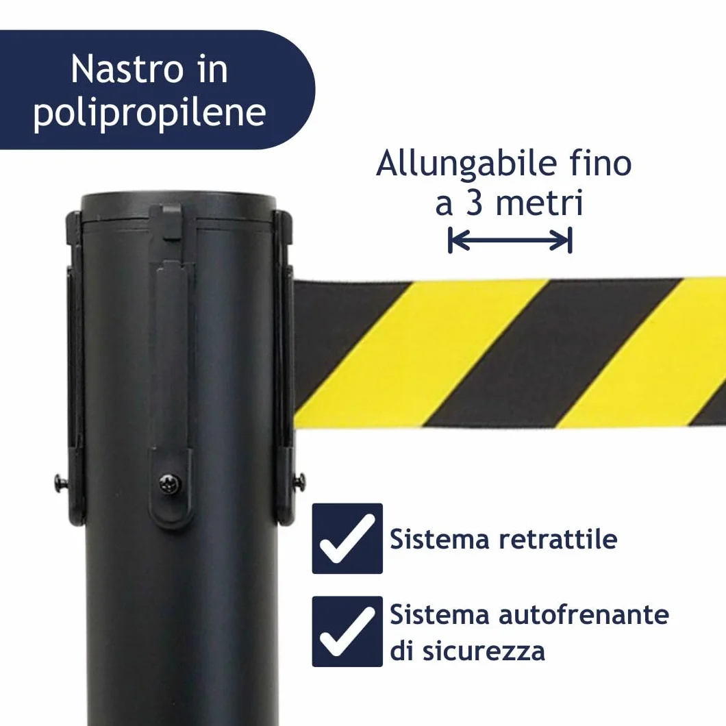 Postes separadores con cinta extensible 3 m, retráctil, seguridad, negro base reforzada, ámbitos diversos amarillo-negro
