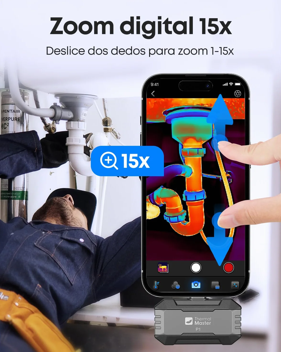 Cámara térmica Thermal Master P1 para iPhone 15/16 y Android, cámara infrarroja térmica con resolución IR X³ 320x240, -20℃-600℃, inspección del hogar, zoom 15x