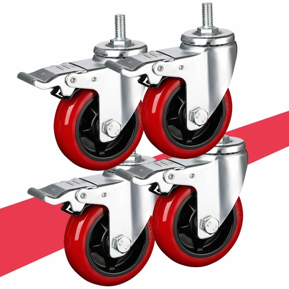 Paquete de 4 ruedas giratorias M16 con vástago roscado de 4 pulgadas, ruedas giratorias industriales resistentes con doble freno antidesgaste (100 mm)