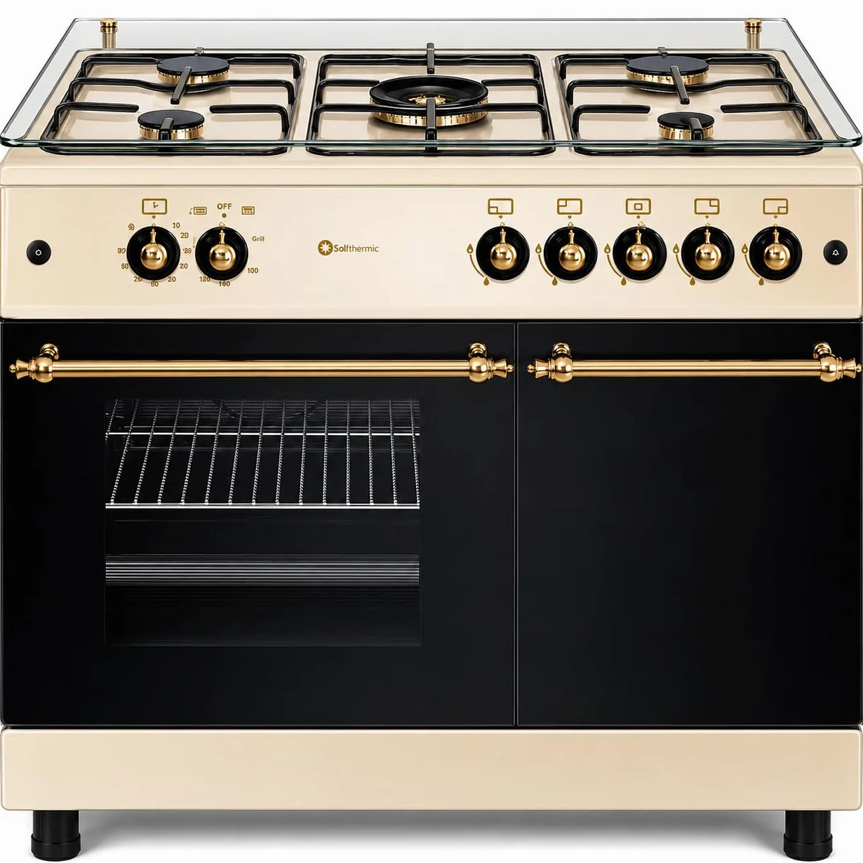 SOLTHERMIC F9LT50G2-C Cocina Gas Portabombona 5 Fuegos Horno 64 L Estilo Rústico Crema Mandos Dorados