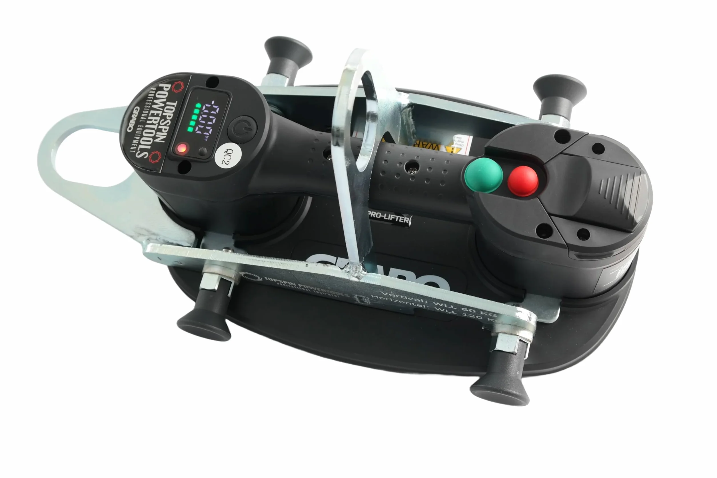 GRABO Barra elevadora V-120, con perno de resorte para un montaje muy rápido. Elevación segura en los 4 ojales de acero, el soporte V-120 facilita el levantamiento por excavadora.