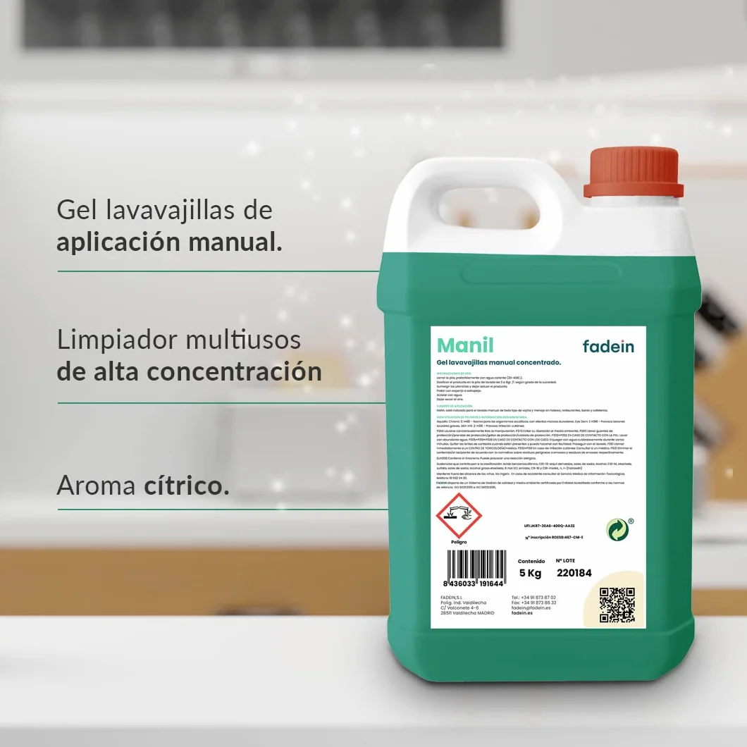 Fadein | Manil | Gel Lavavajillas Manual | Detergente Líquido | Concentrado | Detergente para Platos | Vajilla | Hostelería, Bares, Cafeterías y Restaurantes | Espumoso | 5L
