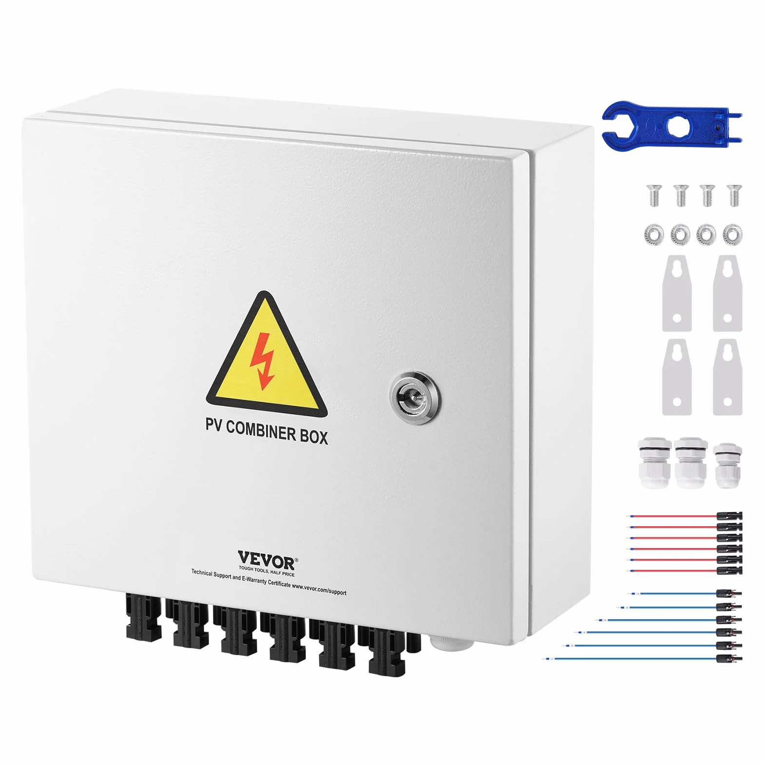 VEVOR Caja Combinadora Fotovoltaica, 6 Cuerdas, Caja Combinadora Solar con Fusible de Corriente Nominal de 15 A Conector Solar, Caja de Acero para Sistema de Panel Solar de Red de Encendido, Apagado