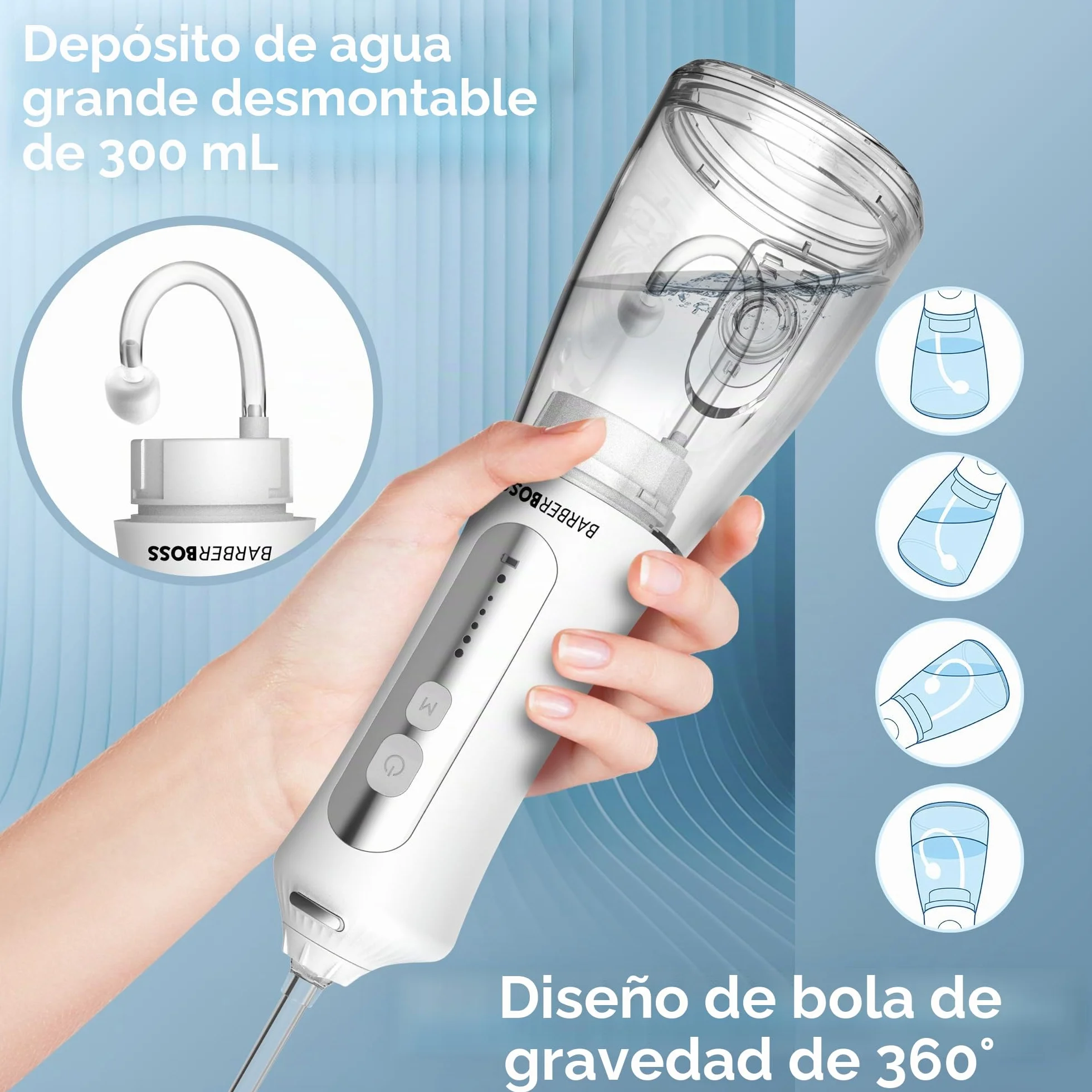 BarberBoss Irrigador Bucal Eléctrico, Limpiador de Dientes, 5 Boquillas, QR-7024 Blanco