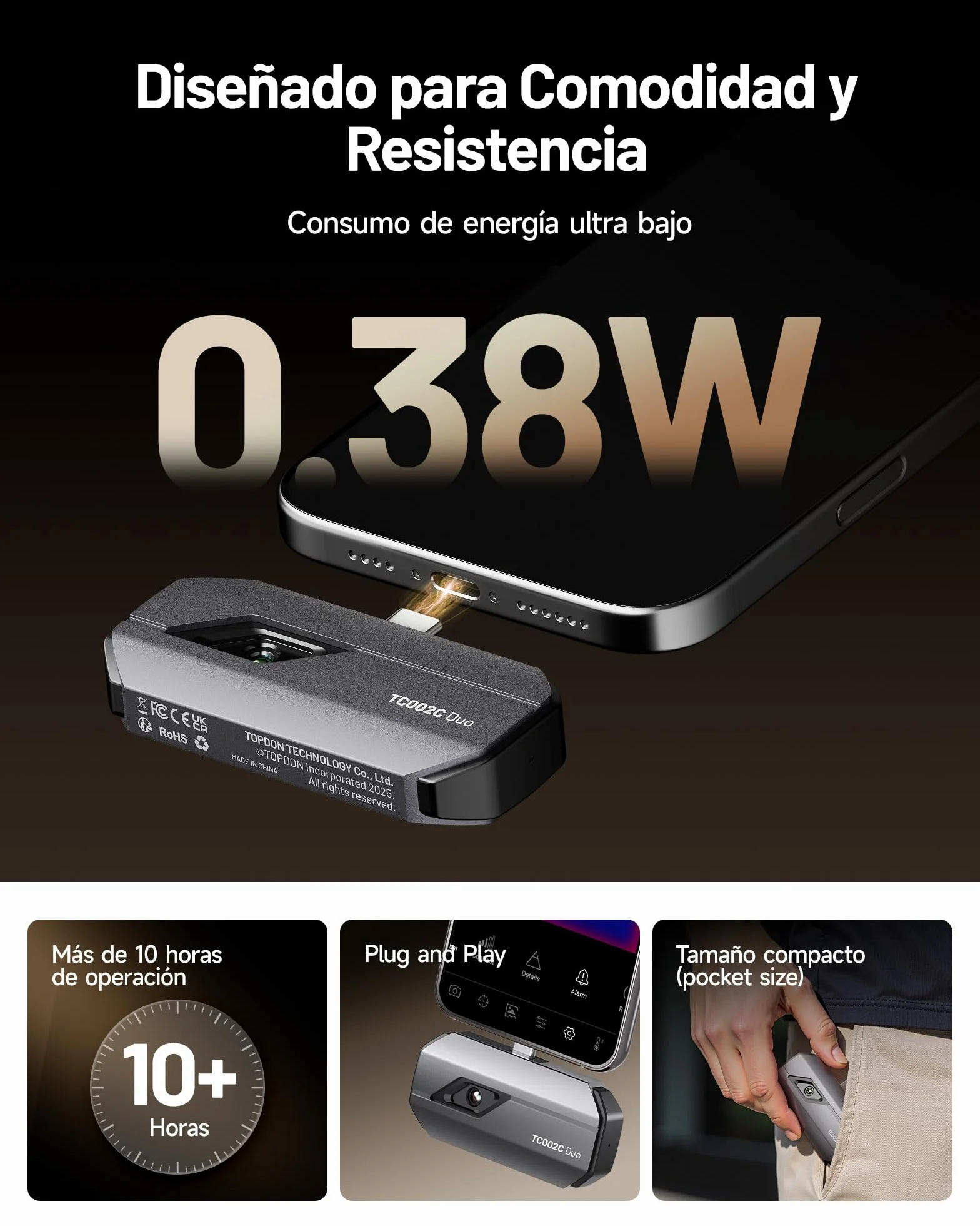 TOPDON TC002C Duo Cámara Térmica para Android e iPhone, 512x384 TISR Alta Resolución, Cámara Termográfica con USB-C, de -20℃ a 550℃, 0.1℃ Precisión, 25Hz, Captura de Fotos y Vídeos