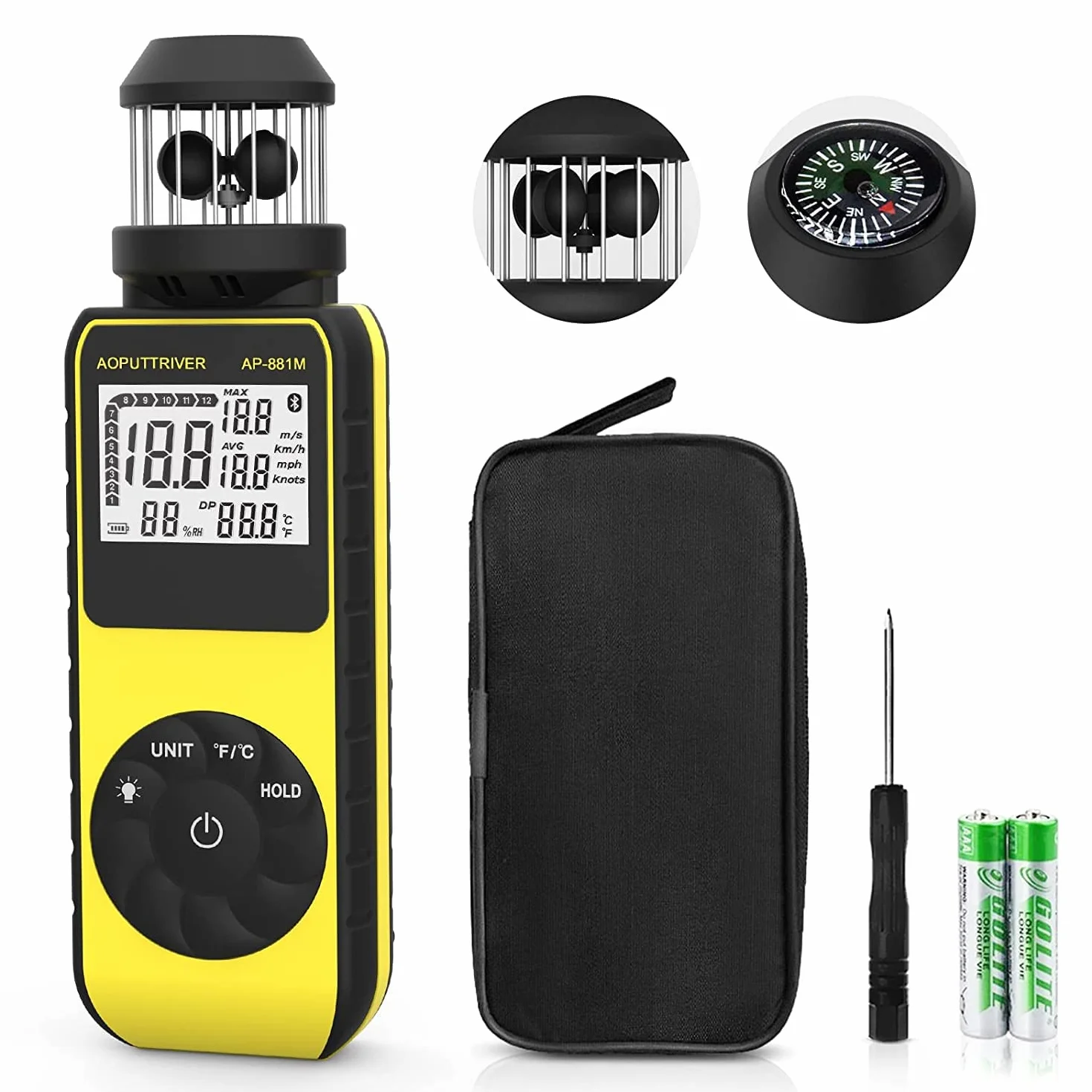 Anemómetro digital AP-881M Medidor de velocidad del viento portátil 360° Brújula