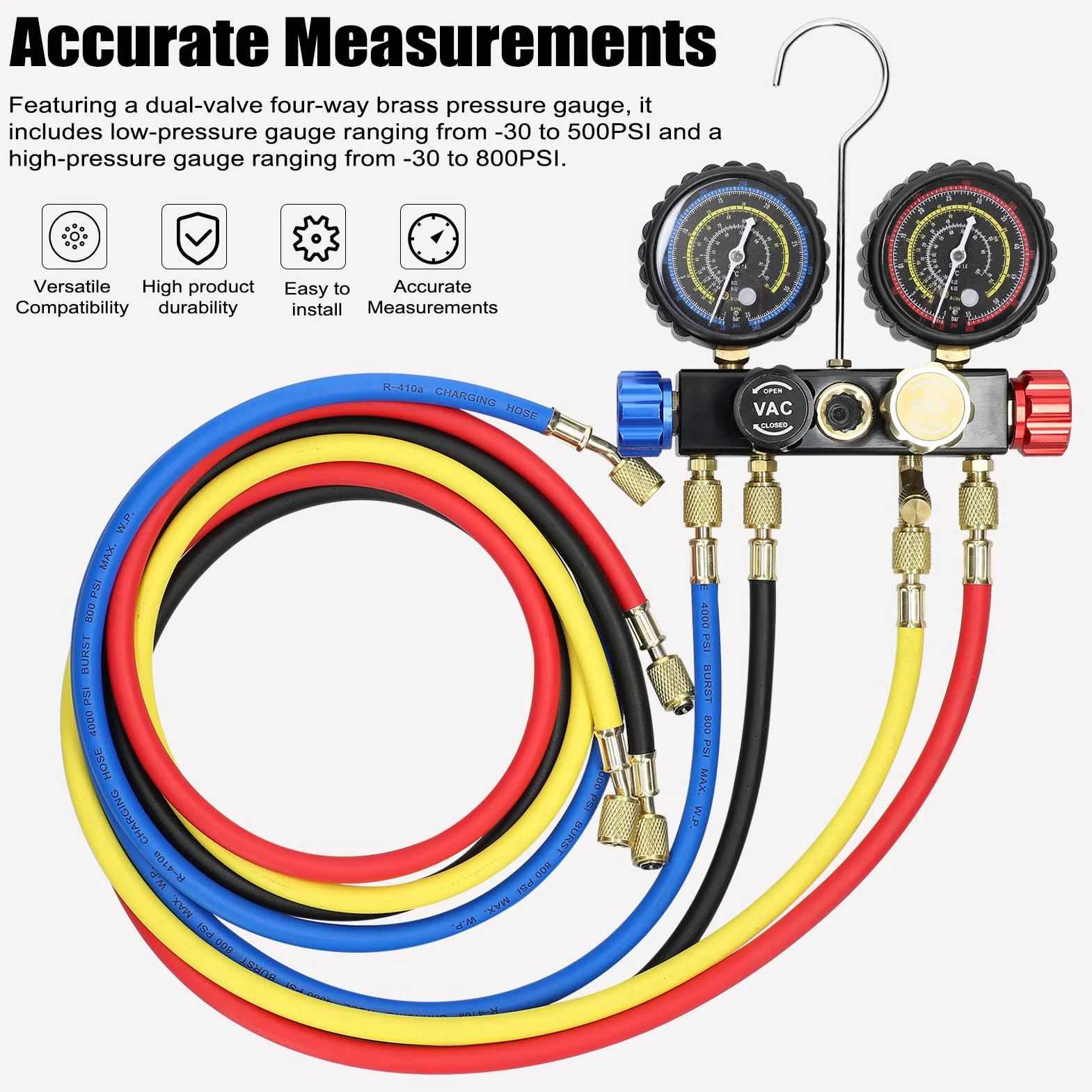 Refrigerante Manifold Gauge Set, Weytoll Juego de Manómetros para Aire Acondicionado, Adaptadores de Acoplamiento Rápido de Latón para Refrigerante R22/R134a/R410a