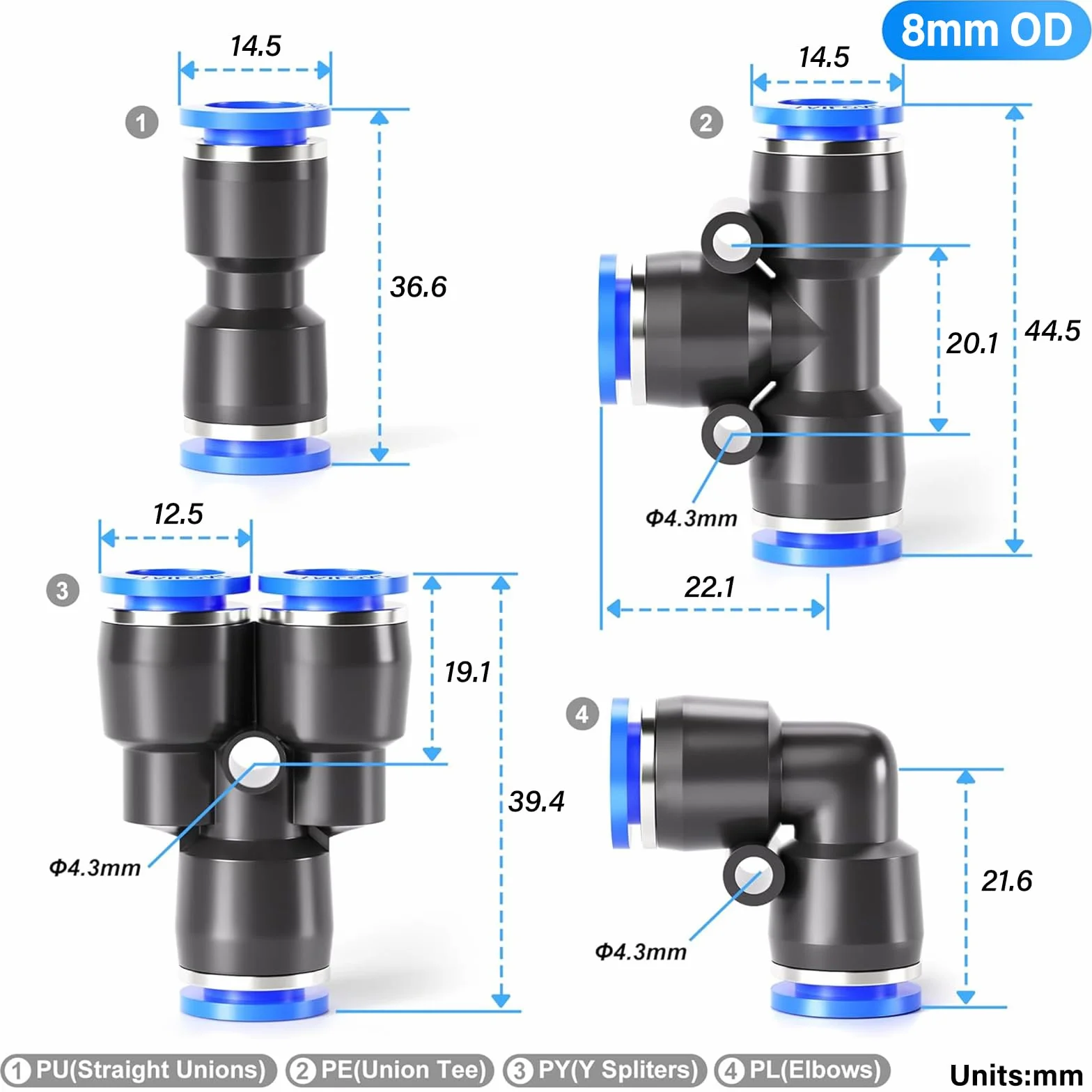 TAILONZ PNEUMATIC Accesorios de conexión a presión Kit de racores neumáticos 8mm OD 8 piezas
