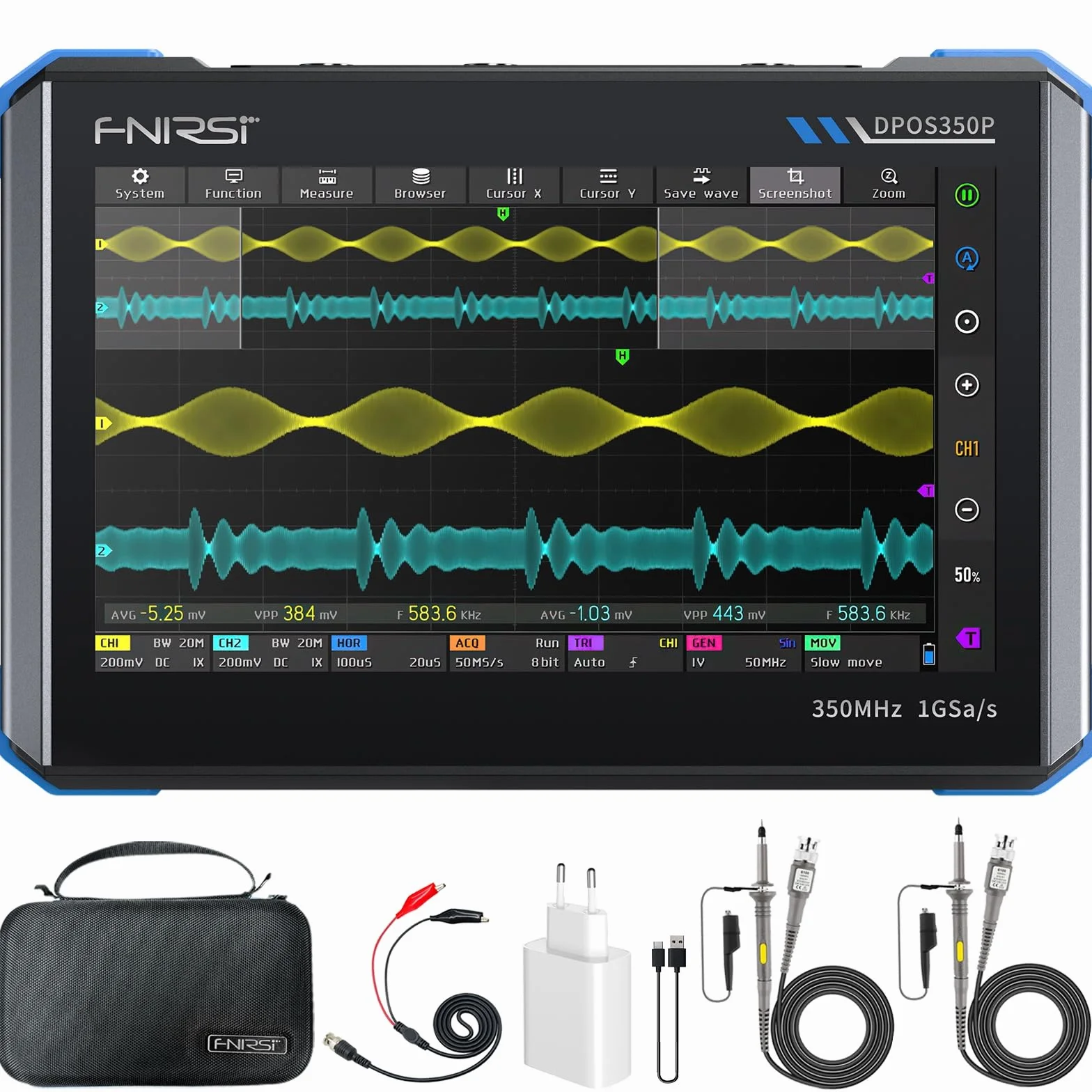 FNIRSI DPOS350P Osciloscopio de Tableta 4 en 1 de 350 MHz, Analizador de Espectro de 200 KHz~350 MHz, Analizador de Respuesta de Frecuencia y Generador DDS, Osciloscopio Portátil de 2CH y 1 GSa/s