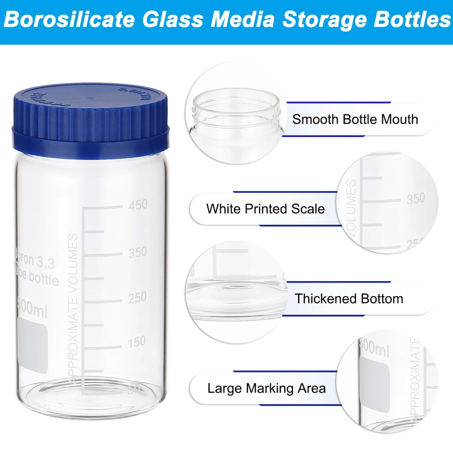 PATIKIL Paquete de 6 botellas de almacenamiento de medios de reactivo, 500 ml, botellas redondas graduadas de boca ancha con tapón de rosca azul GL32 para líquidos reactivos de agua de laboratorio,