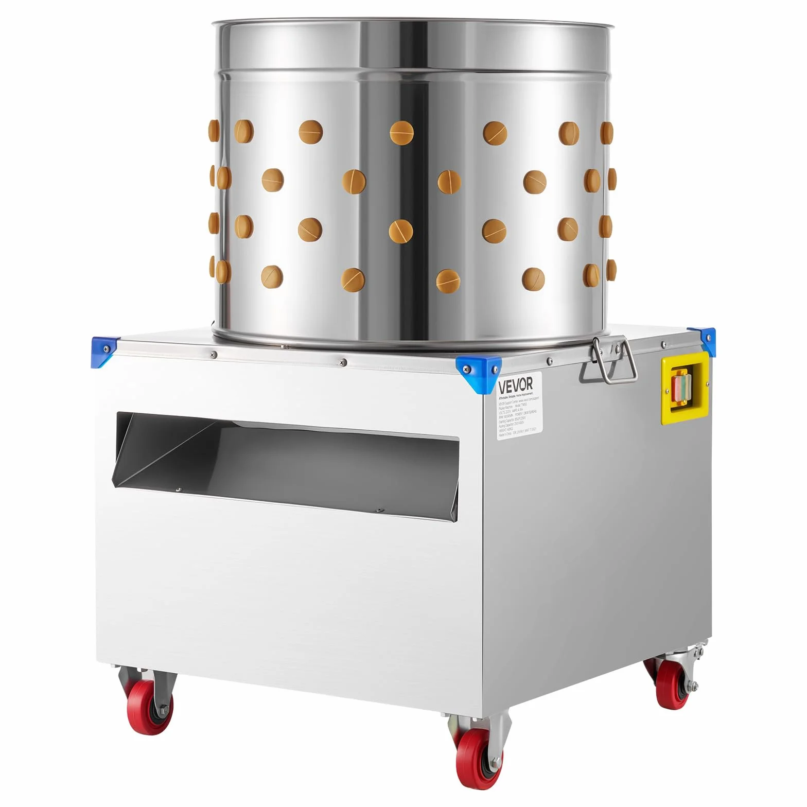VEVOR Desplumadora Eléctrica de Pollos, Tambor 50 cm, 1500 W, 275 RPM, con 106 Dedos Suaves y Ruedas de Transporte, Acero Inoxidable, para Procesar de 2 a 4 Pollitos a la Vez, 560 x 560 x 890 mm