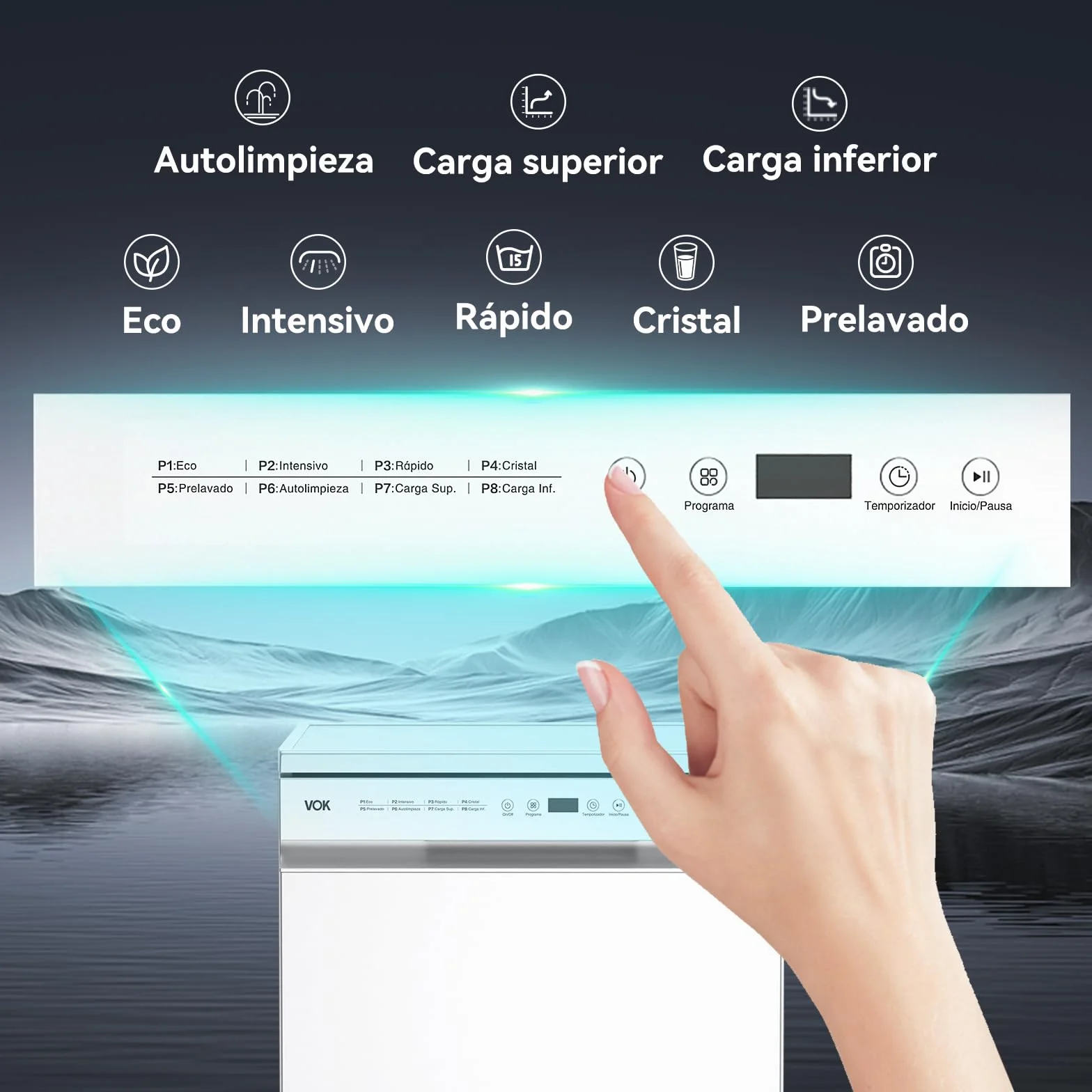VOK Lavavajillas 60 cm 14 Cubiertos 8 Programas 47 dB Silencioso Clase C 3ª Bandeja Apertura Automática Blanco