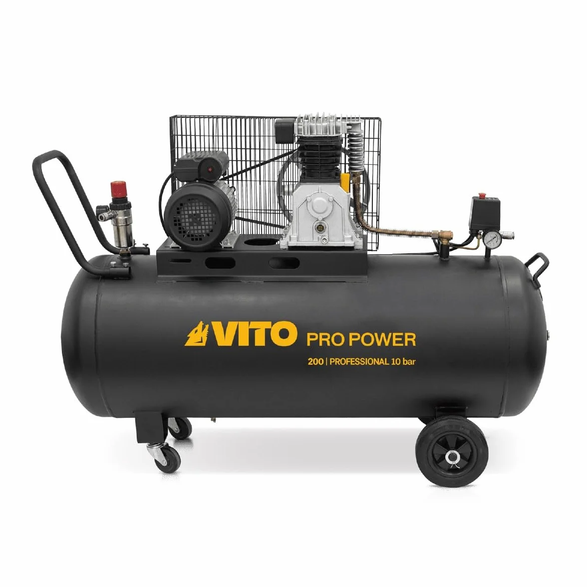 VITO Black Series - Compresor de aire (200 litros, 10 bares, 230 V, 4 CV, 10 bares de presión de funcionamiento (máx. 12 bares), 400 l/min, compresor de aire de 200 L, lubricado con aceite, compresor