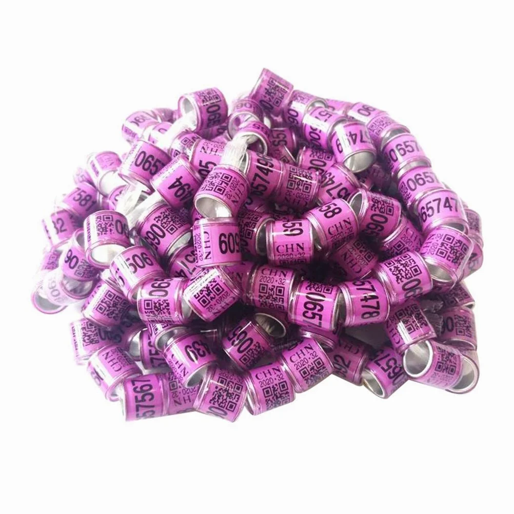 Identificación mediante anillas para aves, Anillos abiertos de aluminio for patas pájaros y palomas con números impresos, 8 mm, color morado, paquete 100(5 Set Ofpurple)
