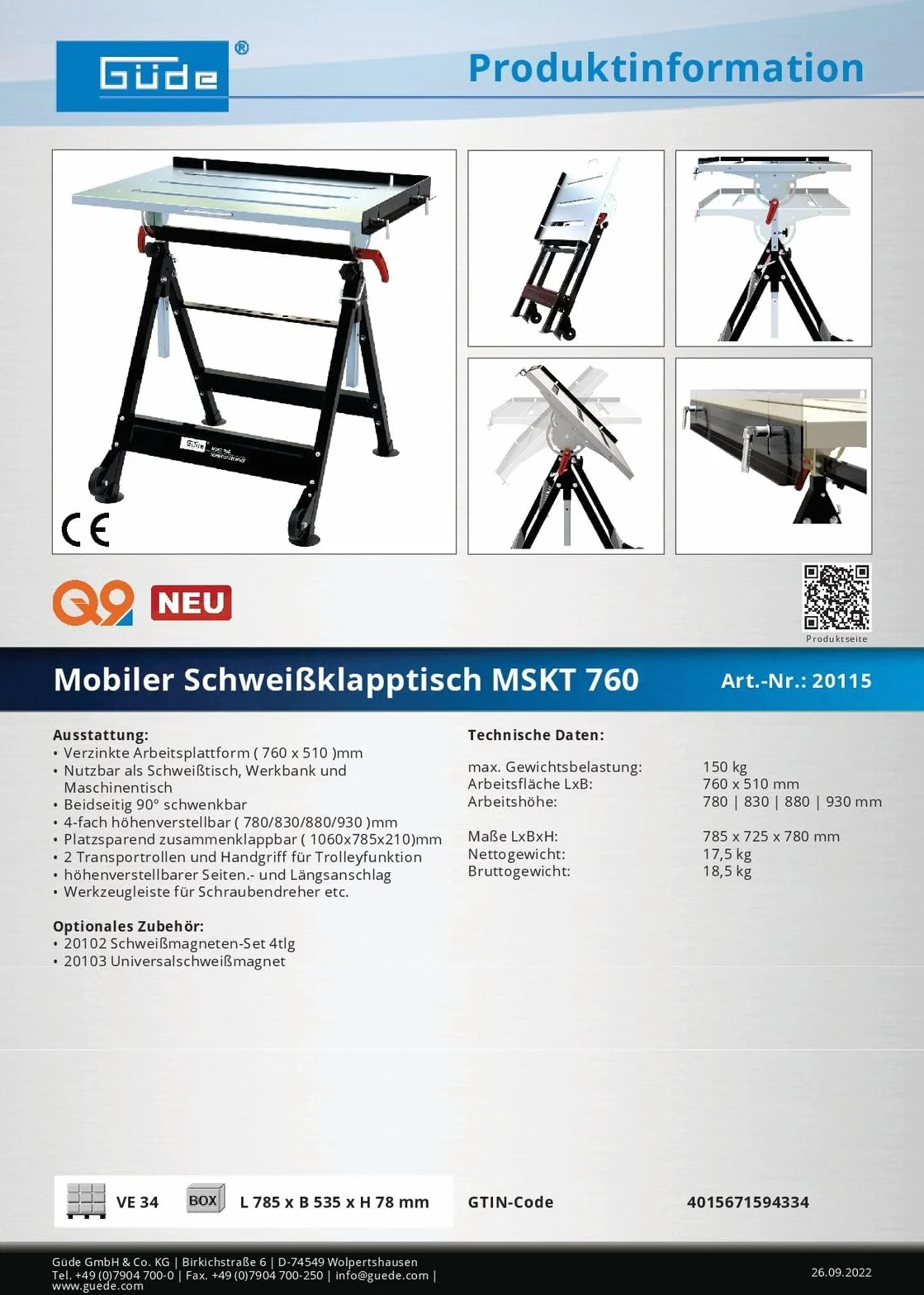 Güde MSKT 760 Mesa Plegable para Soldar Plataforma de Trabajo Galvanizada 76 x 51 cm 150 kg Altura Regulable 4 Posiciones Ruedas