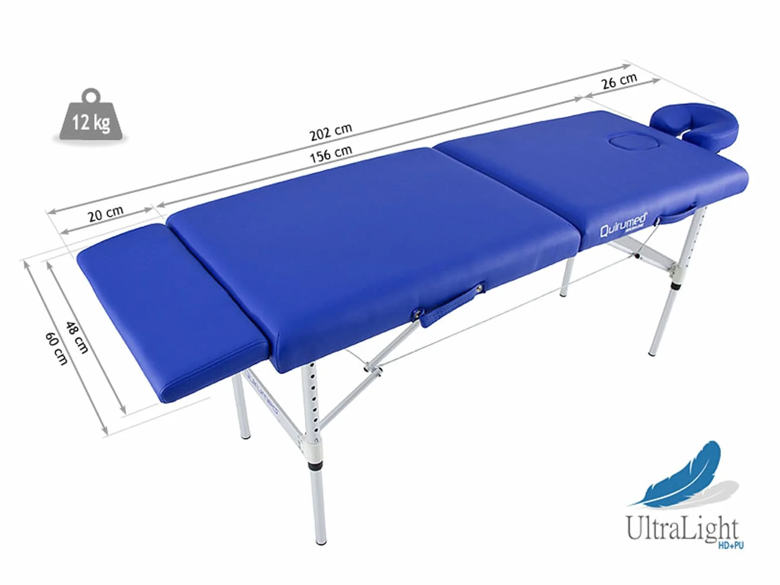 QUIRUMED Camilla de Masaje, Plegable, Aluminio Ultralight, Polipiel, Profesional, 200 x 60 cm, Azul, Cabezal extraíble, Agujero Facial, Piecero, hasta 120 kg