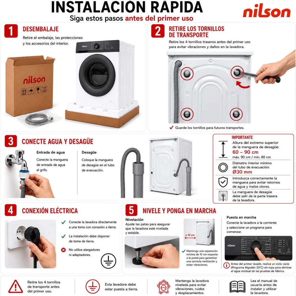 Nilson Lavadora 8Kg Carga Frontal Blanco NL8200AI 1600W 1200rpm Motor Inverter 11 Programas