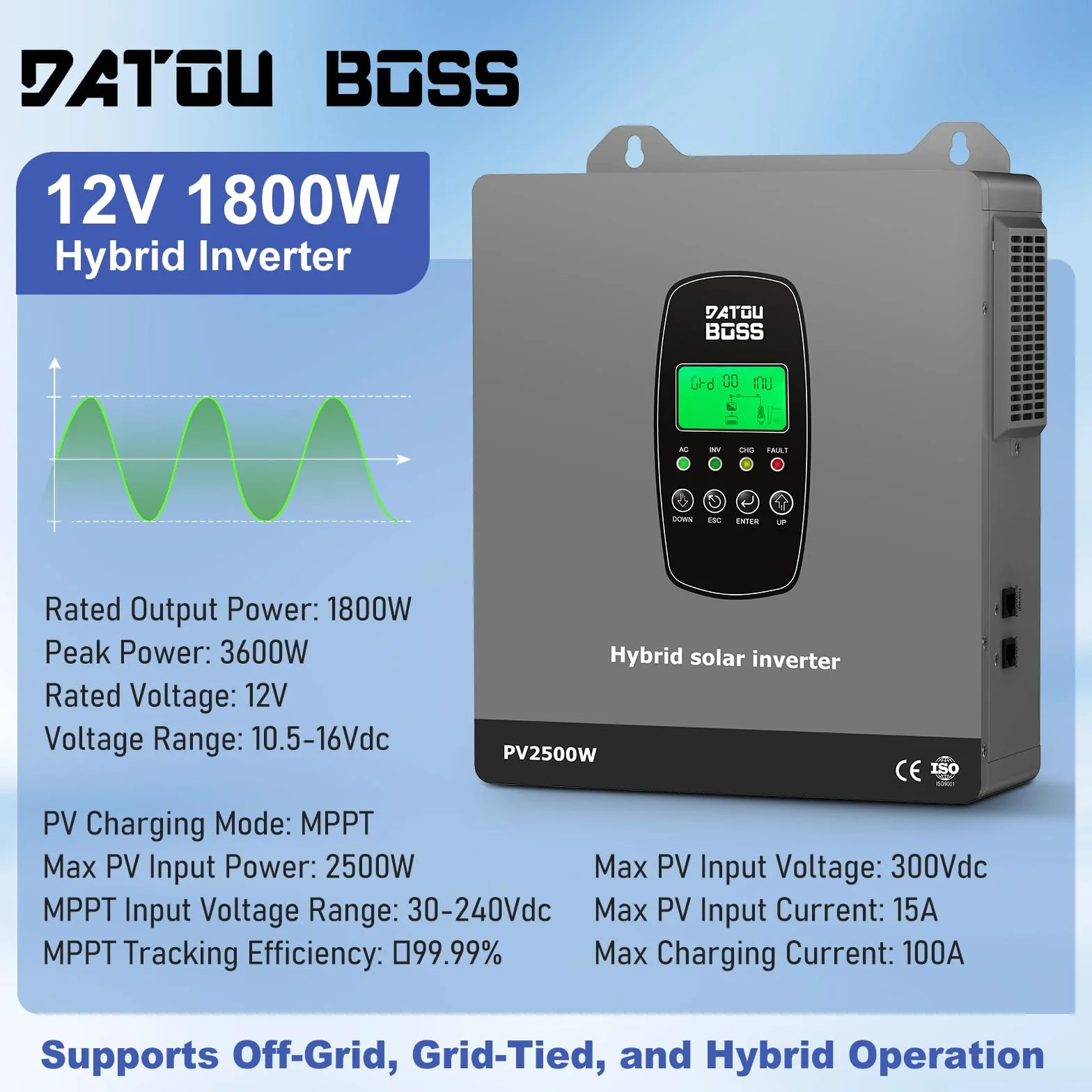 DATOUBOSS 1800W Inversor Solar Híbrido 12V, Onda Pura, Entrada fotovoltaica de 2500W,admite Funcionamiento sin batería, 100A MPPT,admite baterías de 12V.