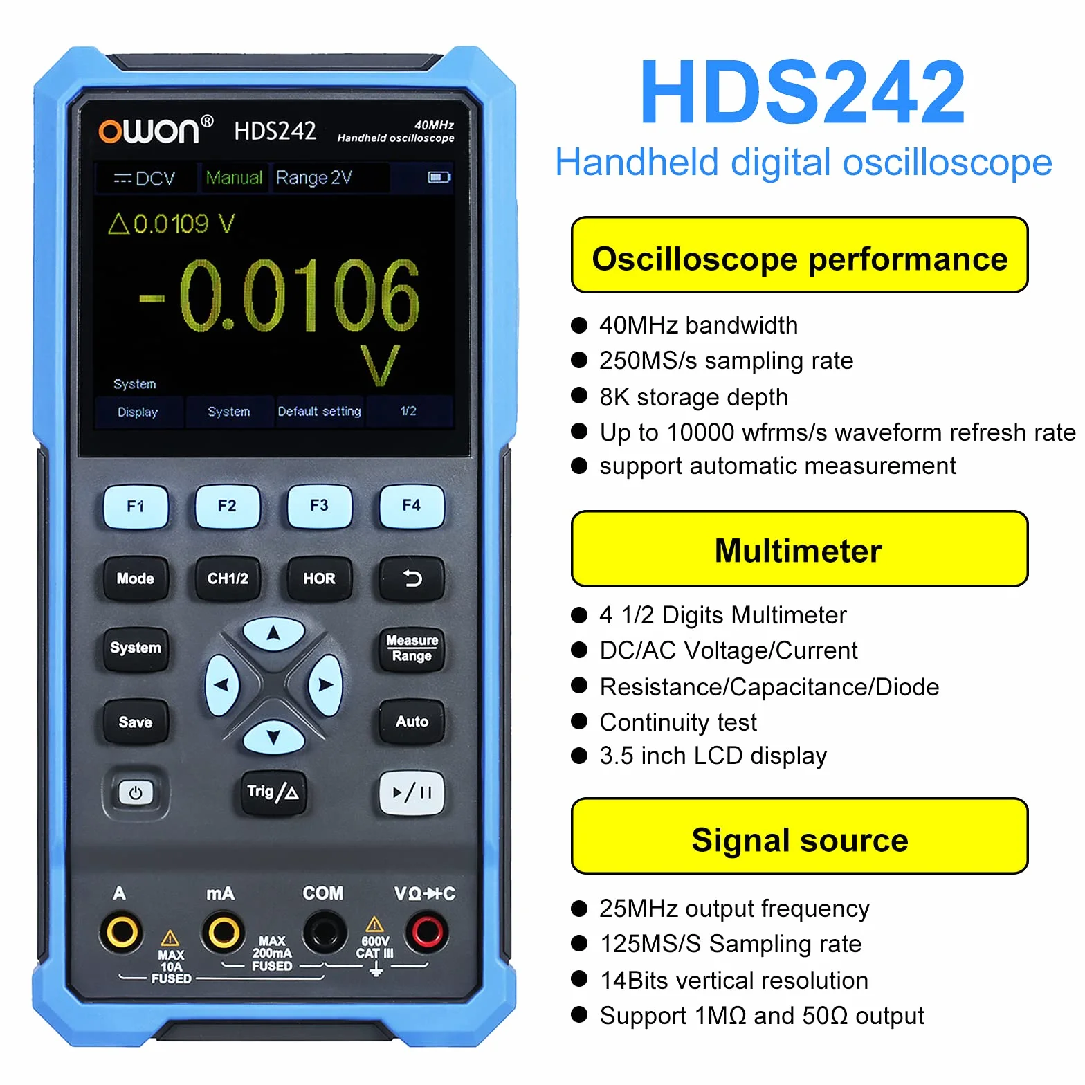OWON HDS242 Mano Digital Osciloscopio Multimetro 2 Canales USB TipoC 40 MHz 3.5 / LCD Prueba Metro
