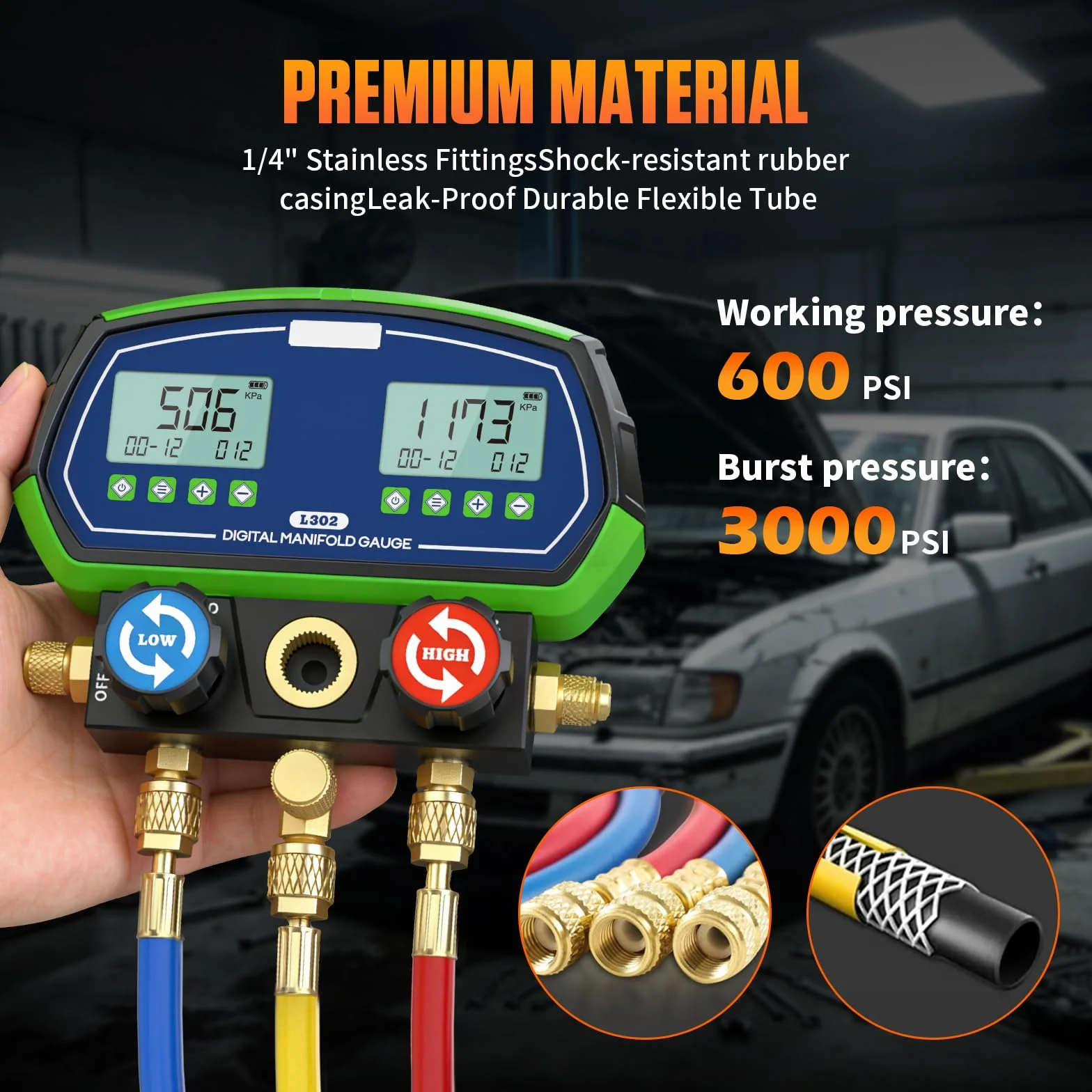 Manómetro Digital de Colector, L302 Indicador de Refrigerante HVAC Medidor de Colector para R32 R134a R410a 90 etc, Terminador Mecánico de Colector Inteligente (L302)