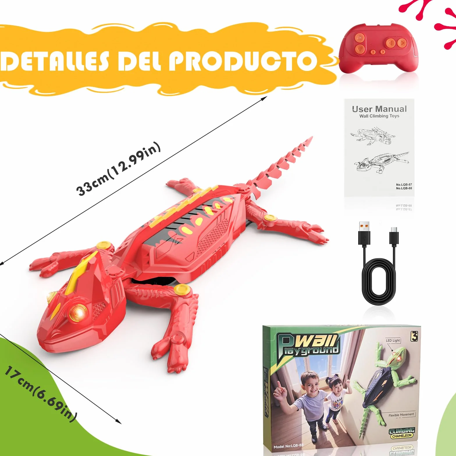 Weinsamkeit Lagartija Teledirigida 360° con Luz – Gecko Recargable para Niños 3-12 Años, Trepa Paredes y Gira 360