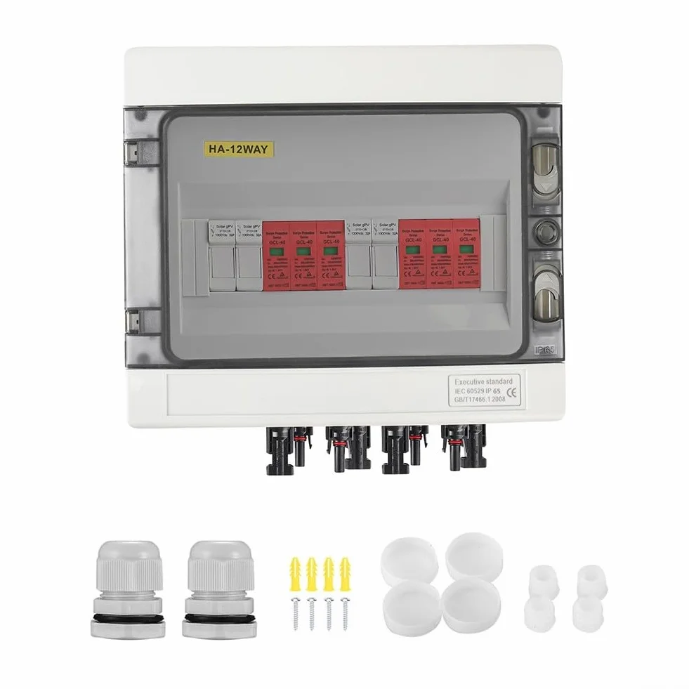 Caja de conexión fotovoltaica, caja de conexiones solar DC 2 cuerdas 8/12 módulos 2 entradas 2 salidas fotovoltaico de protección IP65(DC 2-String 12M T2 1000V)