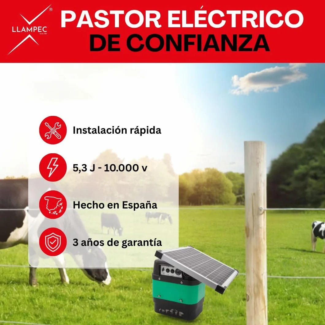Pastor eléctrico Solar Llampec Mod.18S con Panel 12V 20W Incluido – 5,3 J, 10.000 V y 65 km de Alcance – Ideal para Ganado equino, Vacuno, porcino y Animales Salvajes – Batería 12V 45Ah no incluida