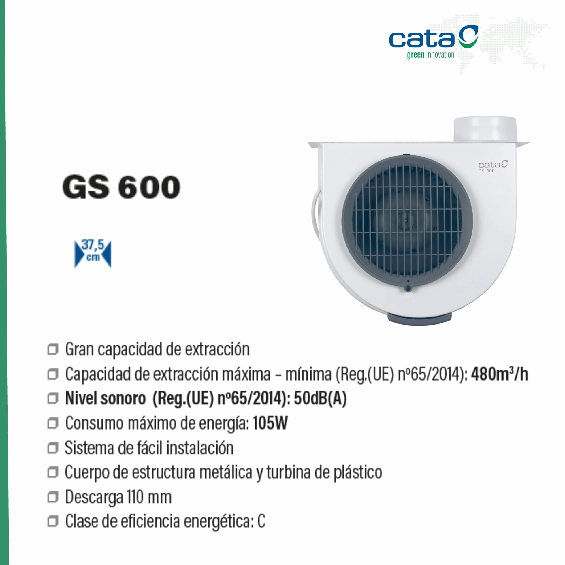 Cata GS 600 Extractor de humos silencioso 105W Blanco Gris