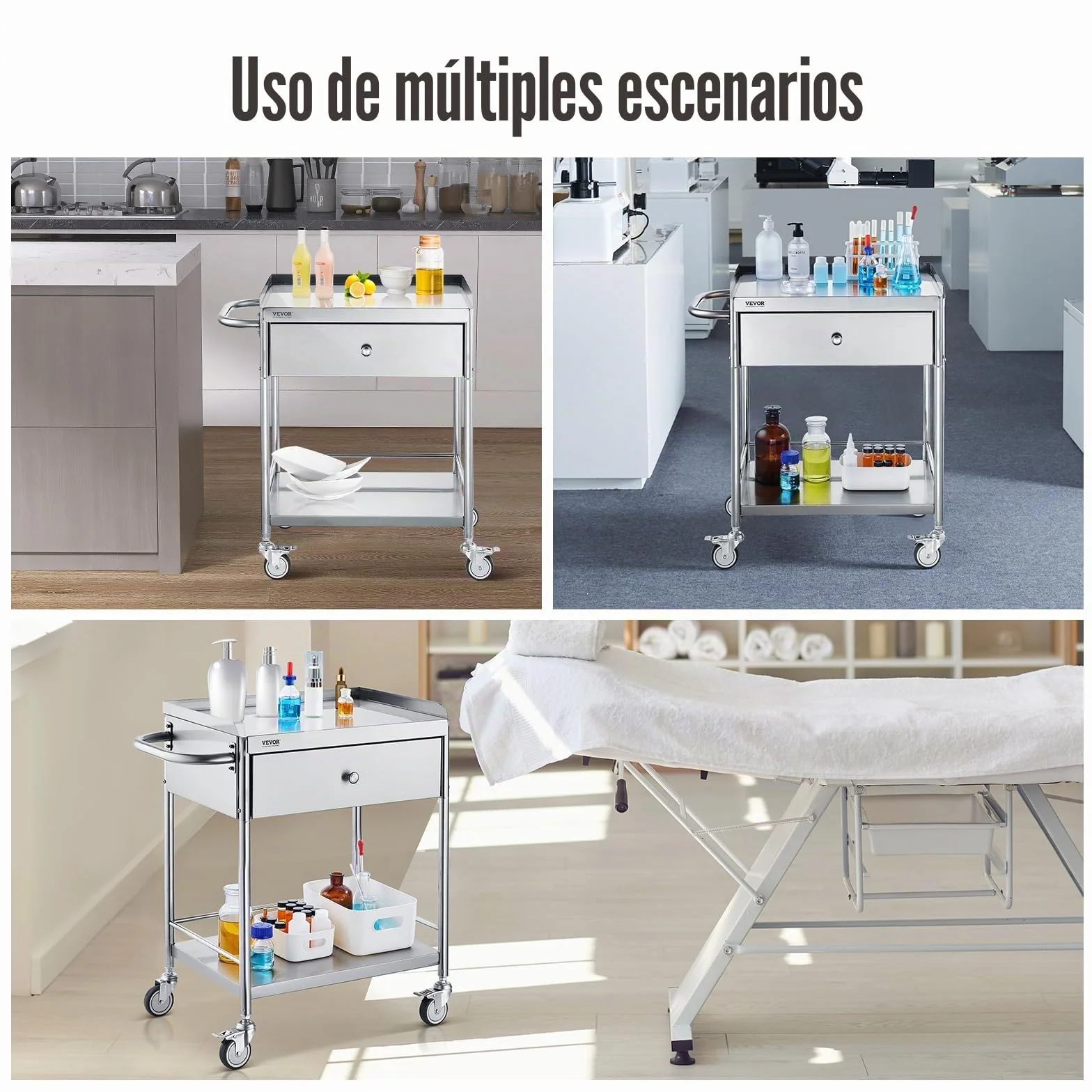 VEVOR Carro de Laboratorio de Acero Inoxidable 2 Niveles Carrito de Médico 71x42x78,5 cm Carro con Cajón Carga de 100 kg Movimiento Silencioso para Almacenamiento Clínico Cocina Hotel Salón de Belleza