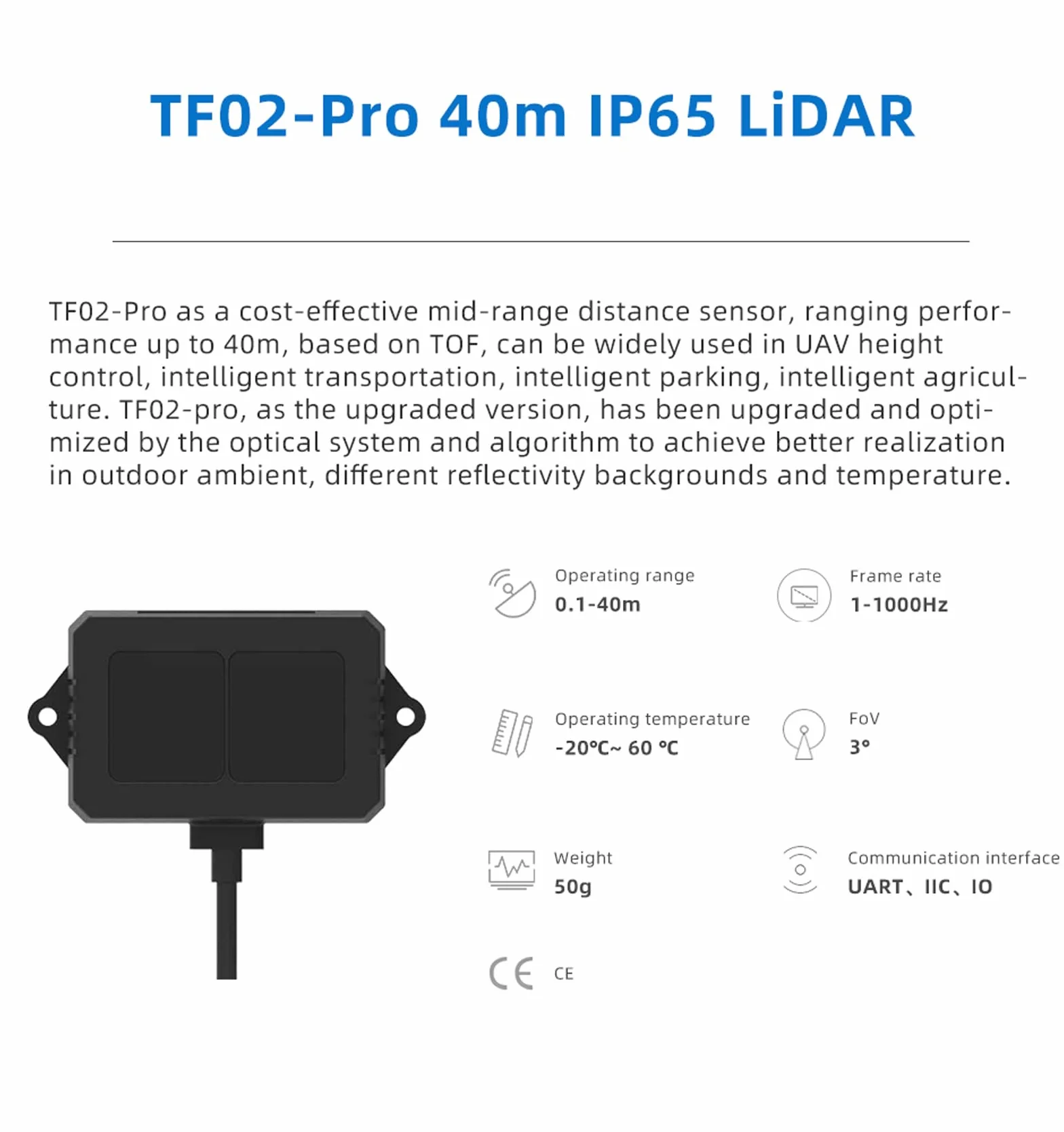 WayPonDEV TF02-Pro Lidar Sensor 40m Single Point Range Finder Module High Frame Rangefinder Support UART, I2C and I/O for UAV/Industrial Sensor/Robot Obstacle Avoidance