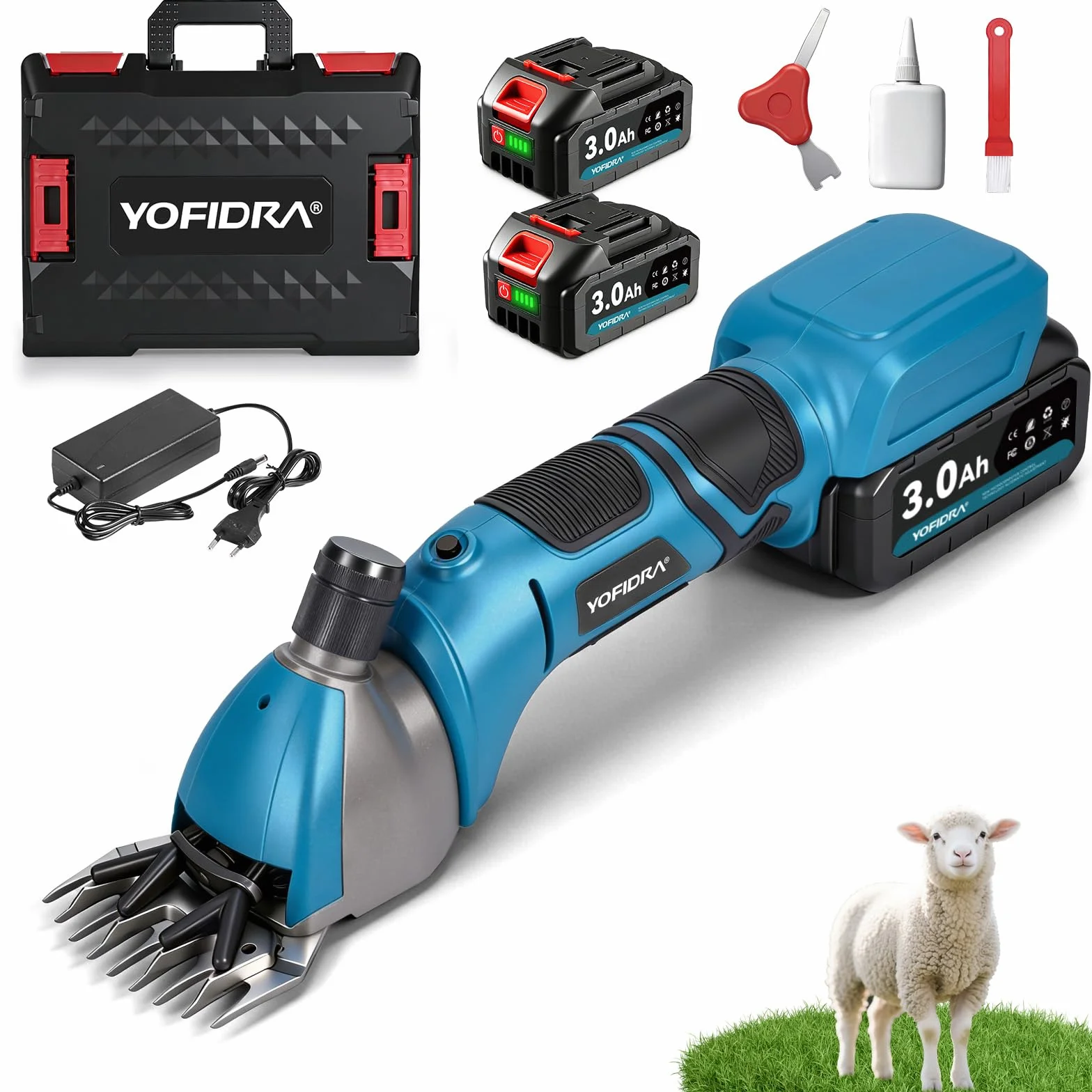 Yofidra Esquiladora de ovejas inalámbrica de 800 W - Esquiladora eléctrica con motor sin escobillas, 3000 RPM, 2 baterías de 3000 mAh, garra ajustable, ideal para ovejas, alpacas y cabras, azul
