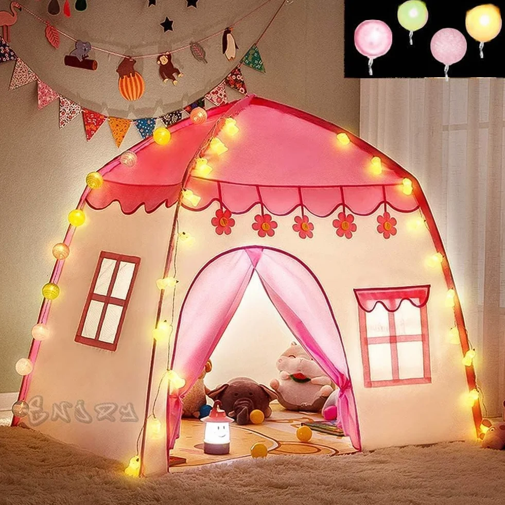 KRUZZEL Tienda de campaña infantil con luces LED plegable para niñas rosa blanco