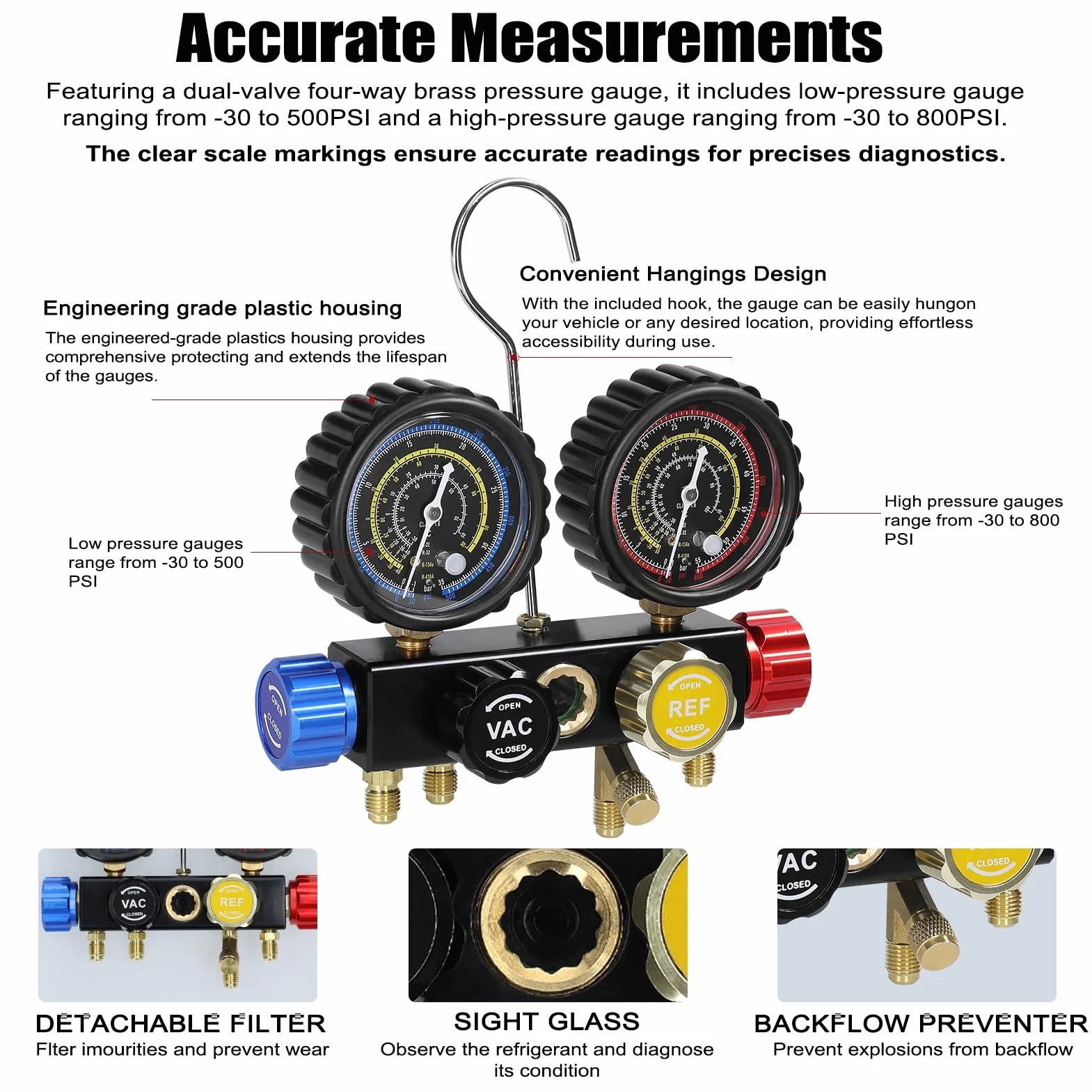 Refrigerante Manifold Gauge Set, Weytoll Juego de Manómetros para Aire Acondicionado, Adaptadores de Acoplamiento Rápido de Latón para Refrigerante R22/R134a/R410a