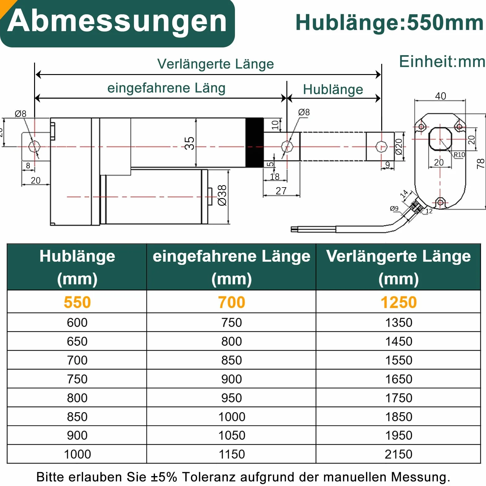 Actuador lineal de 12 V, 2000 N, 550 mm, longitud de carrera IP65, resistente al agua, 8 mm/s, actuador lineal, motor lineal con soportes de montaje, para abridor de puertas, rastreador solar