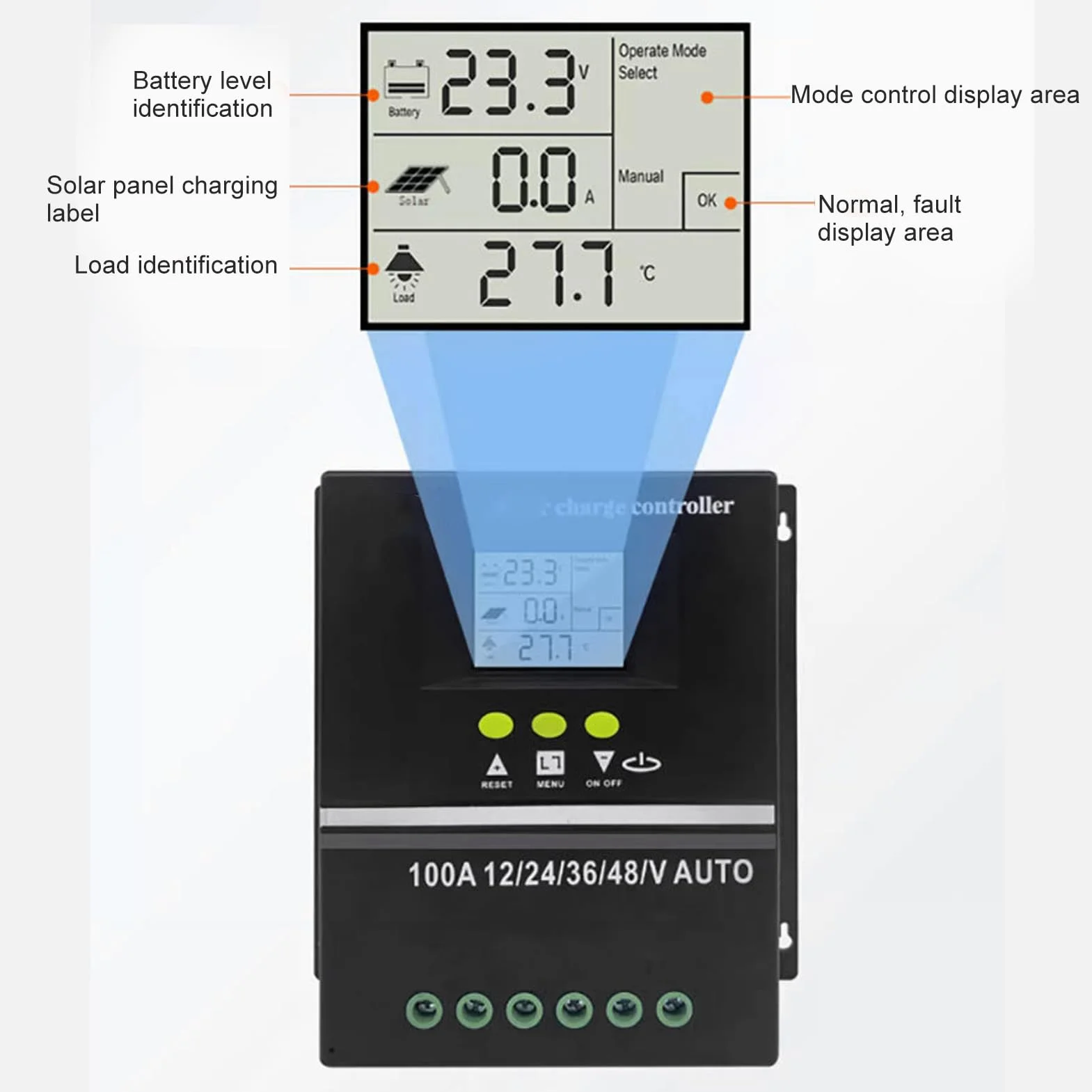 Controlador de Carga Solar MPPT 100A 12V 24V 36V 48V Identificación Automática Controlador de Carga del Regulador Solar USB Dual con Pantalla LCD