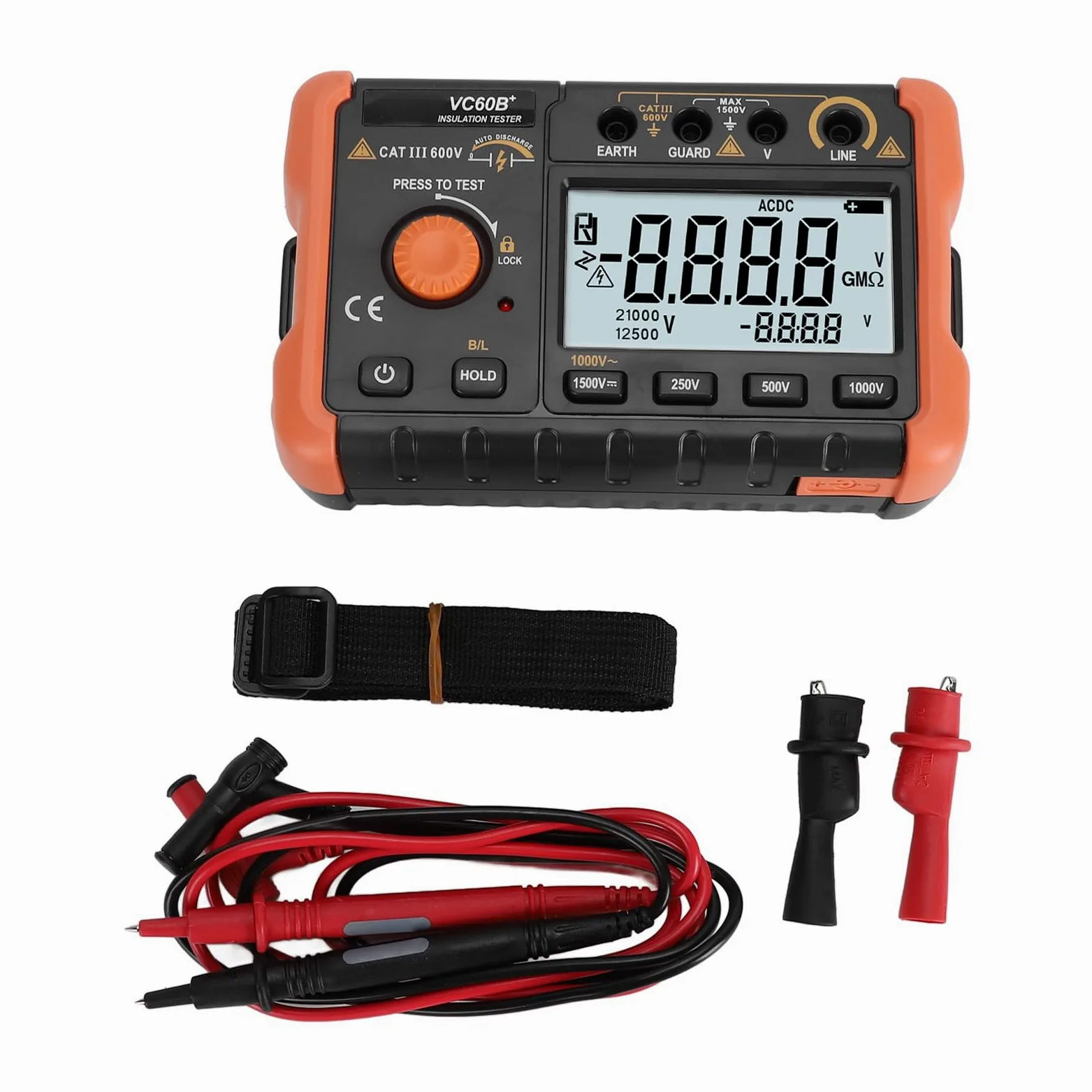 Probador de Resistencia de Aislamiento, 1000V 4999MΩ Probador de Aislamiento Digital Megóhmetro Pantalla LCD Descarga Automática