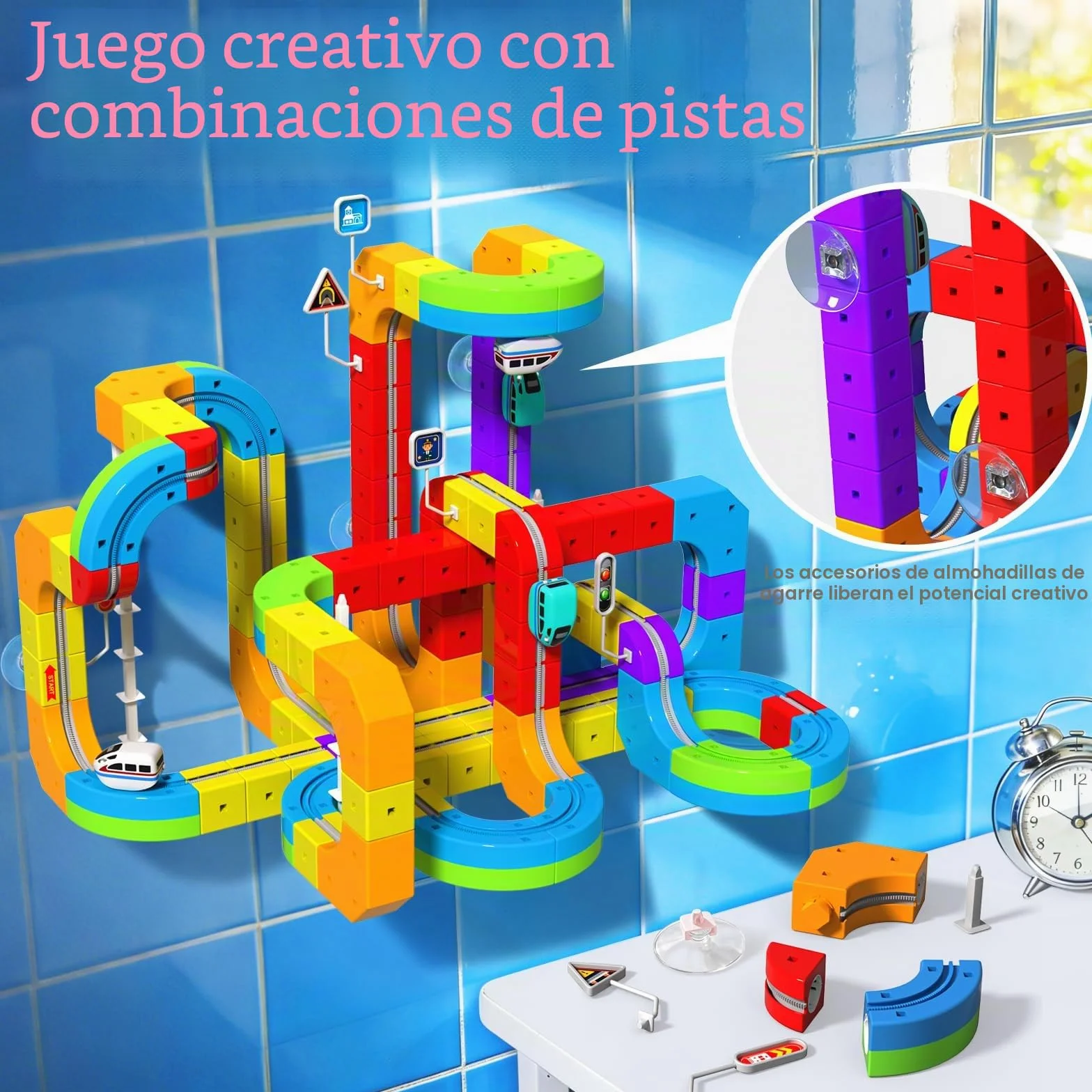 Goody King Tren Eléctrico Juguete 110 Piezas Vía Magnética con Señales de Tráfico DIY Pistas Cubos Magnéticos Regalo Niños 4-12 Años