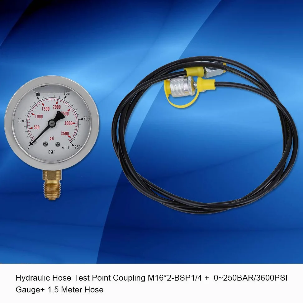 Kit de Prueba de presión hidráulica, Manguera hidráulica de 4,9 pies, 0-250 bar/3600 PSI, manómetro hidráulico, Conector M16x2-BSP1/4
