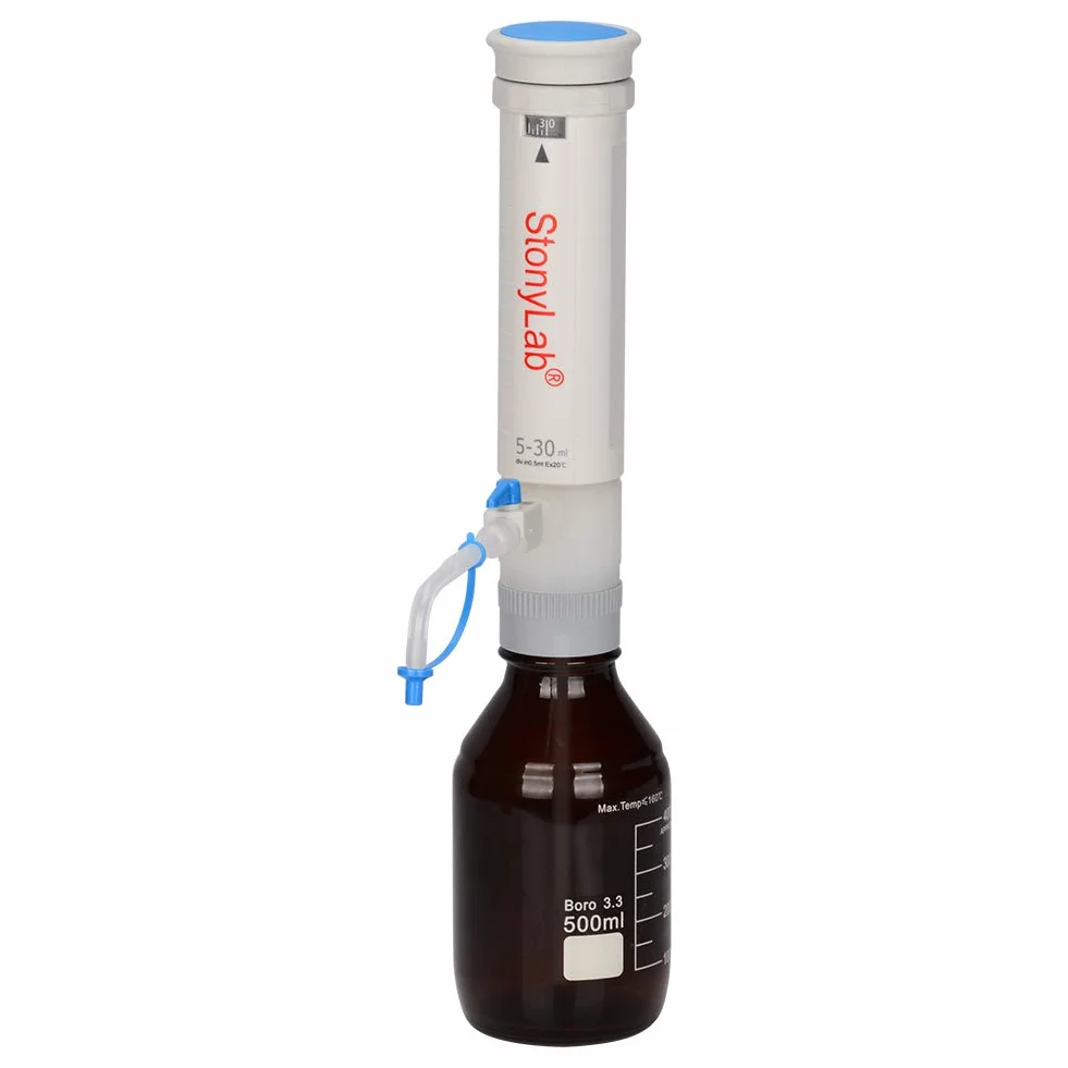 stonylab Dispensador de Laboratorio, Dispensador de Tapas de Botella Ajustable Autoclavable con Botella Reactivo de Borosilicato de 500ml y Adaptador, Bottle Top Dispenser para Laboratorio, 5-30ml