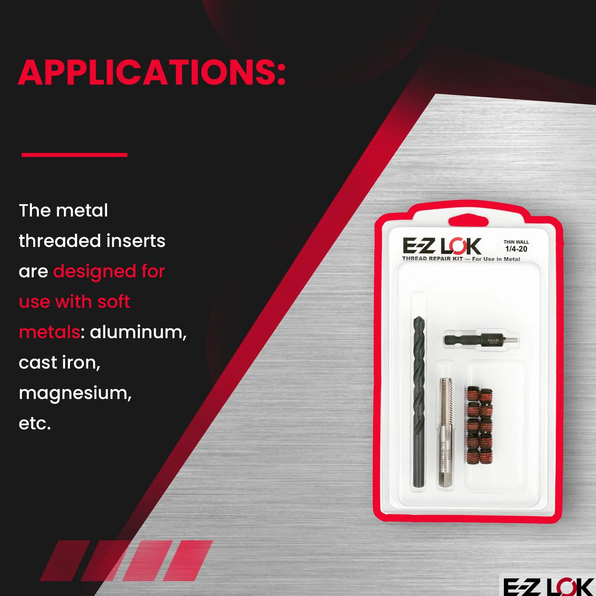 E-ZLOK EZ-310-4 Inserciones roscadas para metal 1/4-20 Kit de instalación acero óxido negro