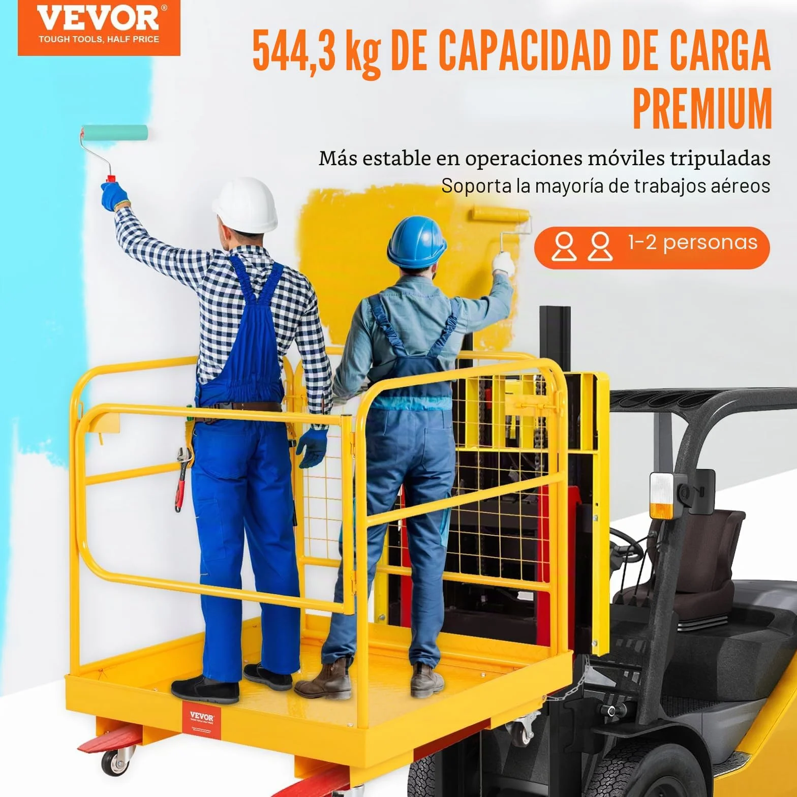 VEVOR Jaula de Seguridad Carretilla Elevadora Carga 544kg Plataforma de Trabajo Plegable 92x92cm 1-2 personas Ruedas Giratorias Bloqueables Cadena de Drenaje con Orificio Seguridad para Trabajo Aéreo