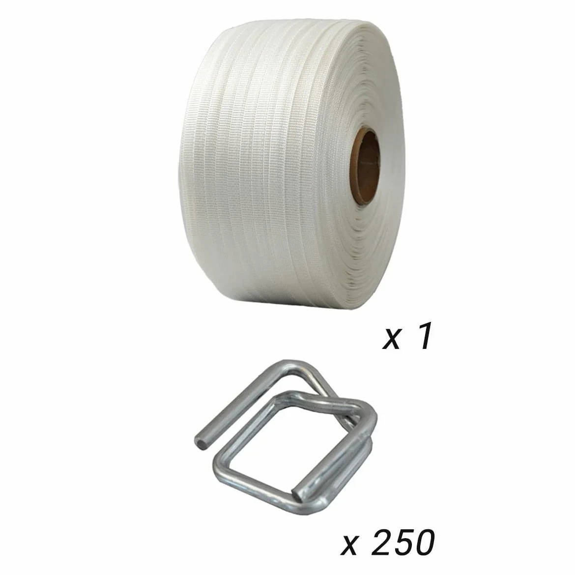 Pack 1 Fleje tejido 16 mm x 850 m + 250 hebillas - Fleje textil de alta resistencia 450kg - TECPLAST PFT1