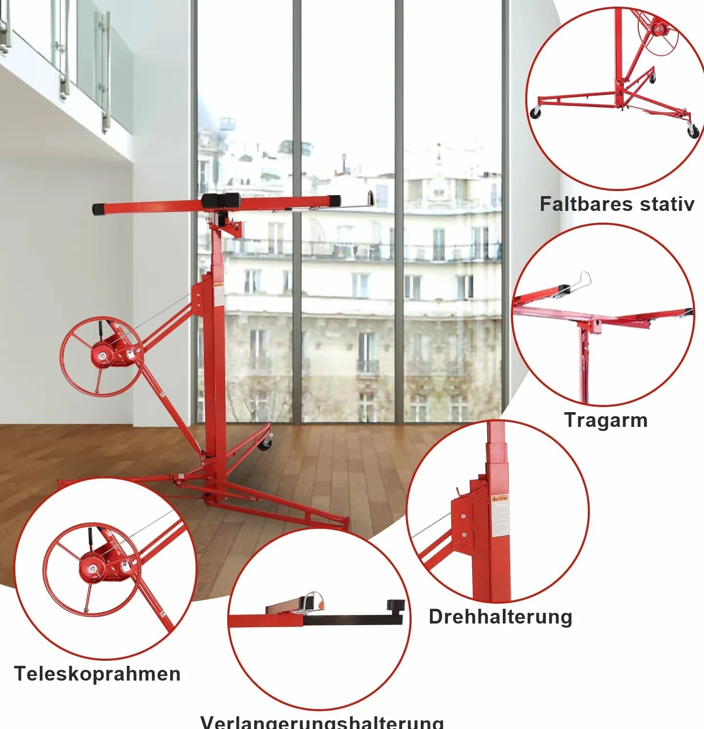 Elevador de placas plegable XXL, 140-350 cm de altura de trabajo, ajustable en altura para placas de yeso, 68 kg de carga, 290 cm de ancho máximo del brazo de carga