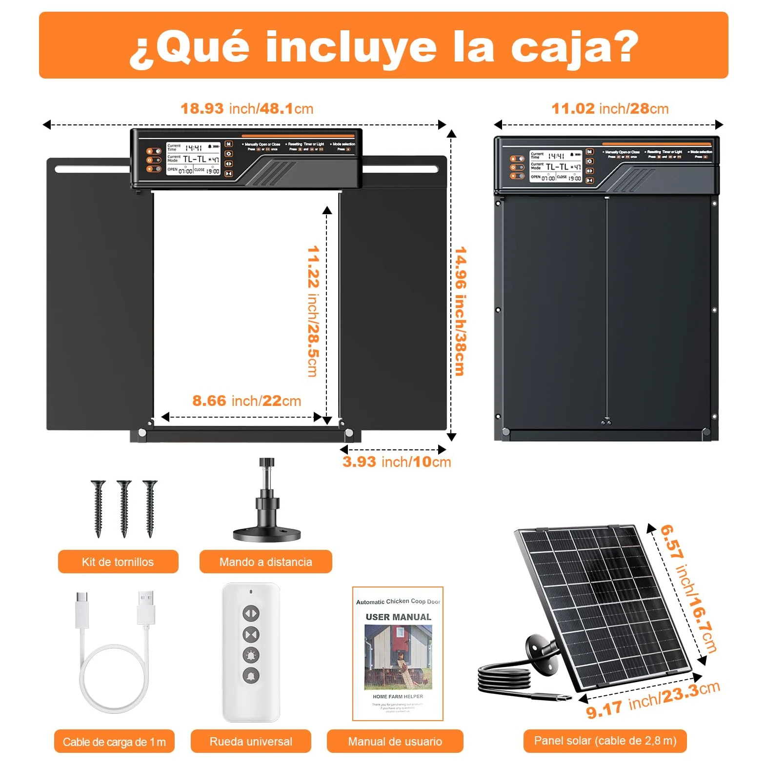 Puerta Automática Grande para Gallinero con Panel Solar de 7W, Puerta Gallinero de Aleación de Aluminio con 4 Modos, Temporizador y Sensor de Luz, Pantalla LCD de Gran Tamaño, con Mando a Distancia
