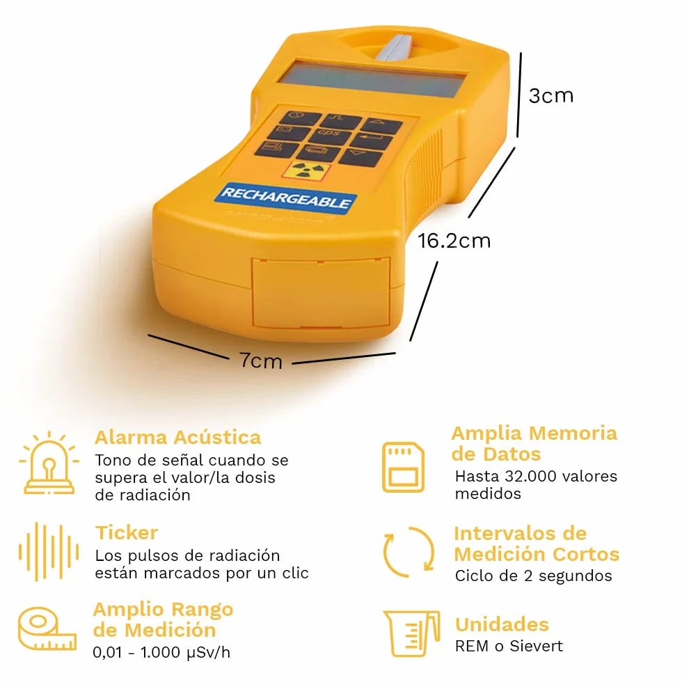 Rechargable | Contador Geiger para radiactividad con batería recargable, dosímetro personal, medidor de radiación incl. interfaz USB y software de evaluación