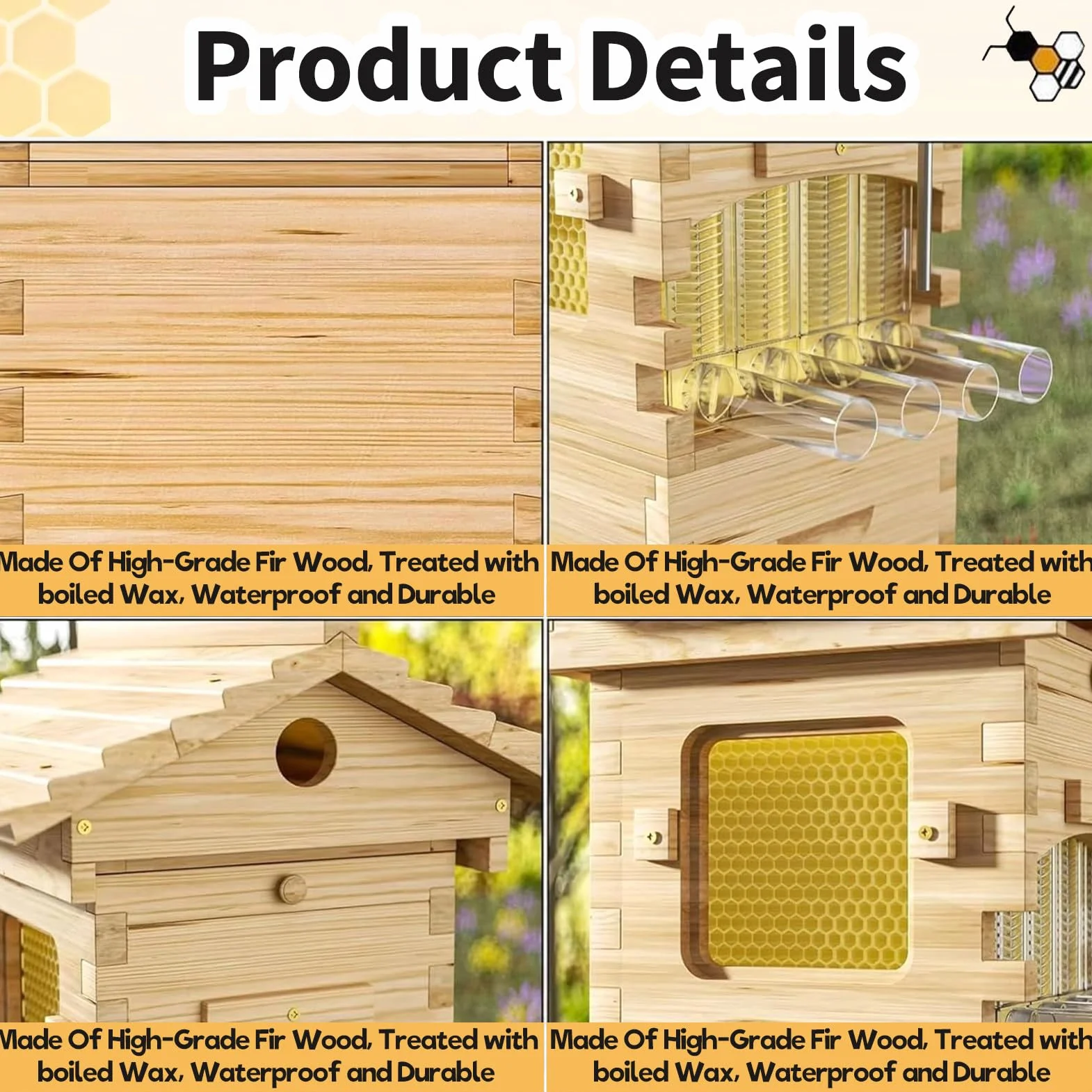 Kit De Inicio Automático De Colmena De Flujo Automático, Caja De Madera For Abejas con 7 Bandejas De Panal, Ventana De Observación For Apicultura Y Polinizadores De Jardín.