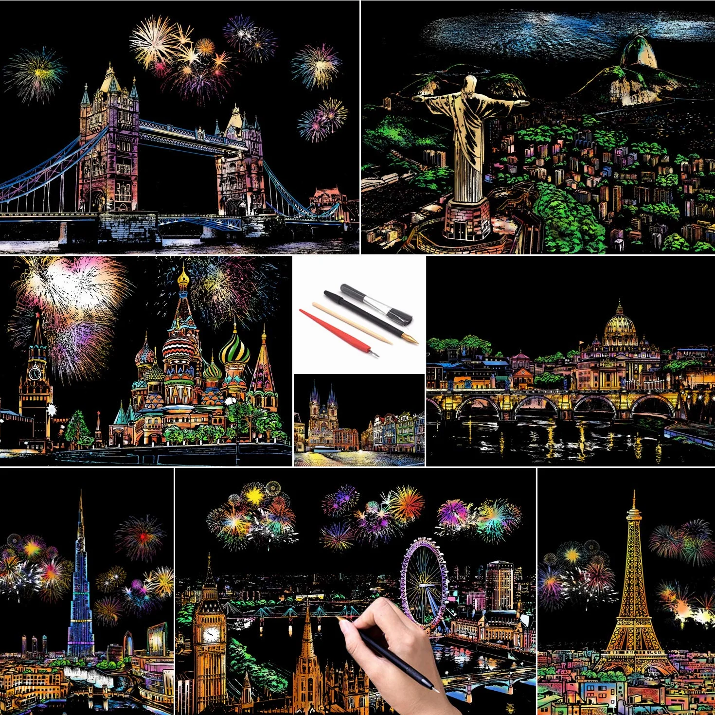 Scratch Paper Rainbow Painting Sketch City Series Night Scene 4 Tools