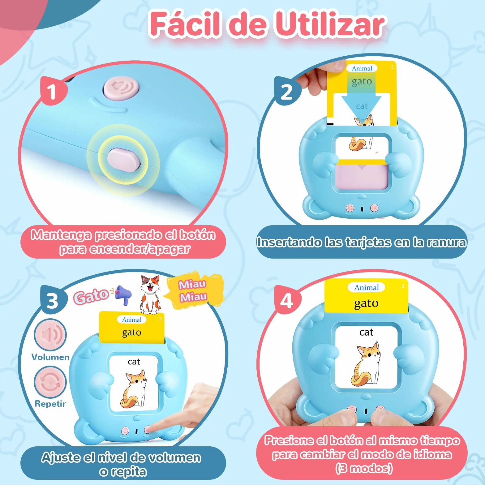 AHJ Tarjetas Flash Parlantes Español 112 Hojas 224 Palabras Juguete Montessori 3 Modo Idioma Español Inglés Bilingüe Azul