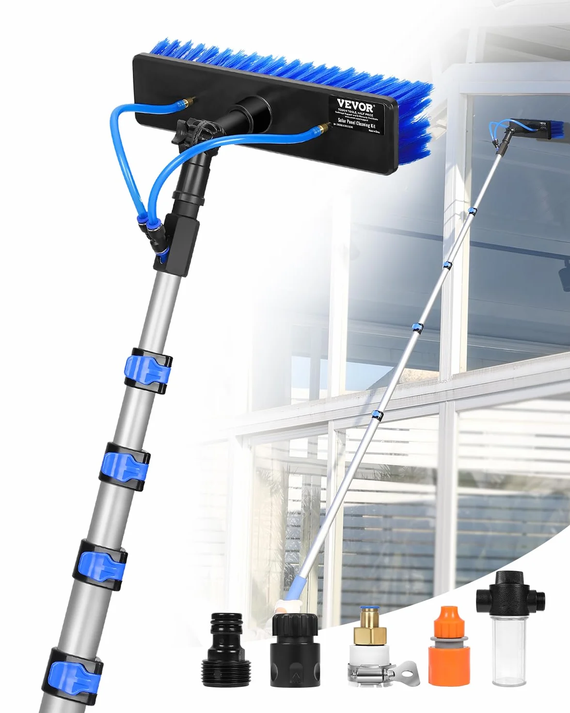 VEVOR Kit de Barra de Alimentación de Agua, Barra de Limpieza de Paneles Solares de 9 m con Mango Extensible, Cabezal de Cepillo Giratorio de 180° y Manguera de 20 m, para el Hogar y Exteriores