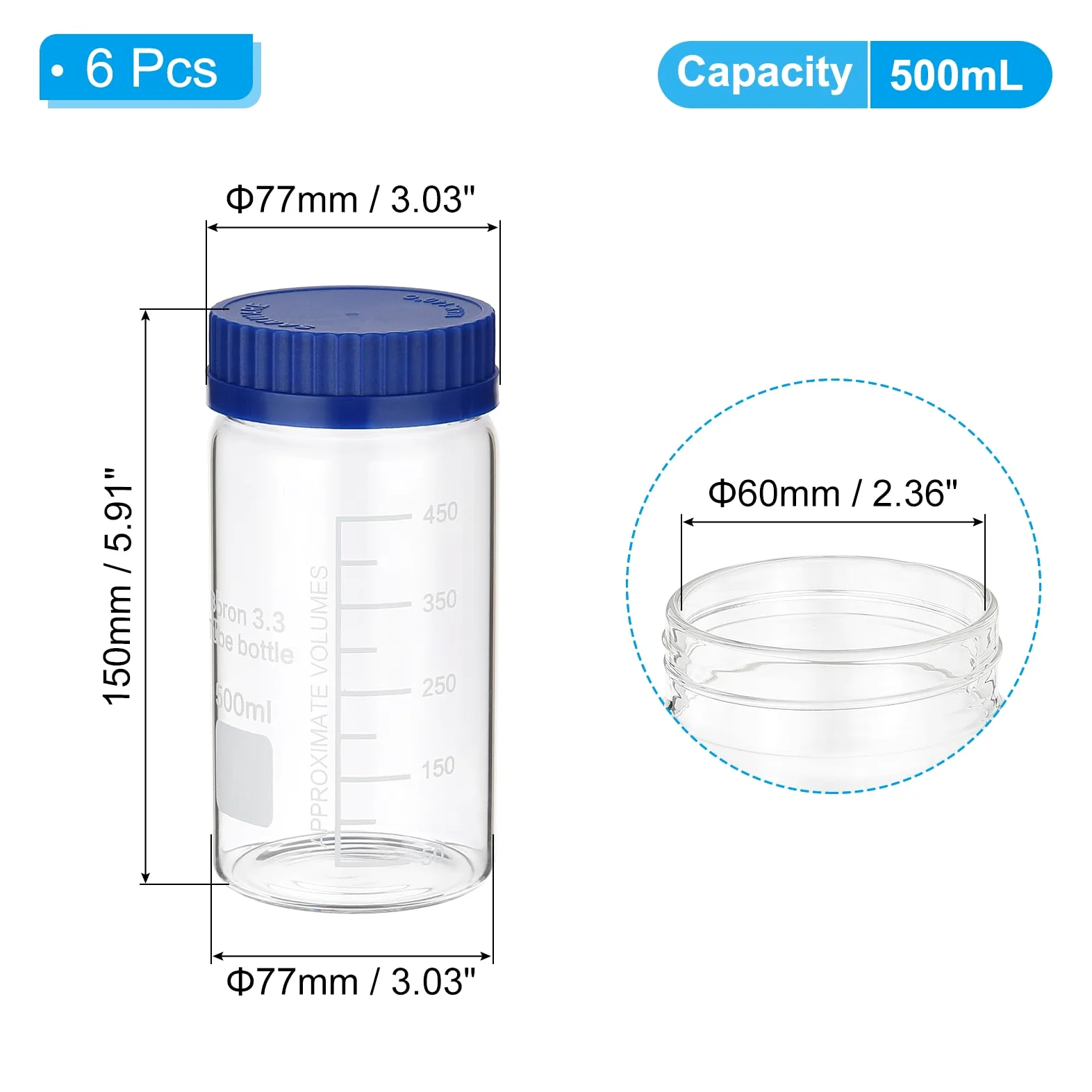 PATIKIL Paquete de 6 botellas de almacenamiento de medios de reactivo, 500 ml, botellas redondas graduadas de boca ancha con tapón de rosca azul GL32 para líquidos reactivos de agua de laboratorio,